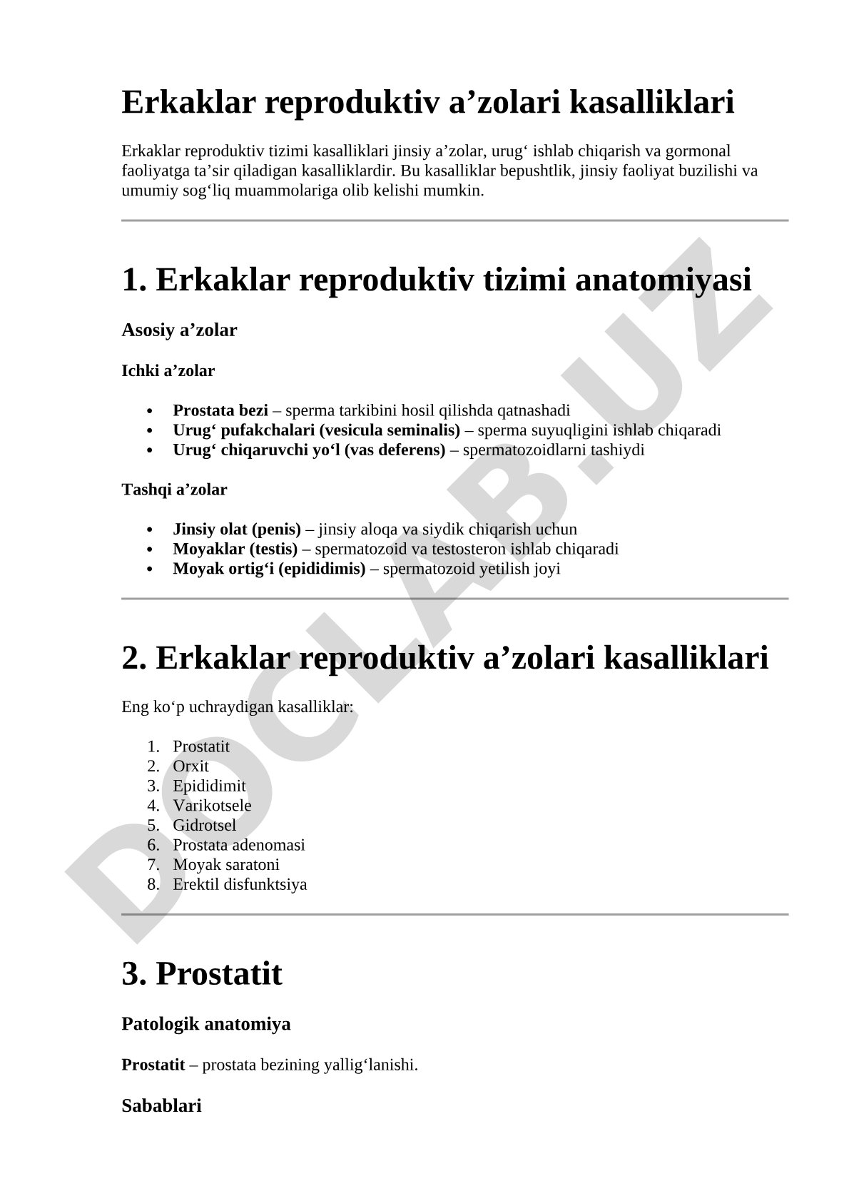Erkaklar reproduktiv a’zolari kasalliklari