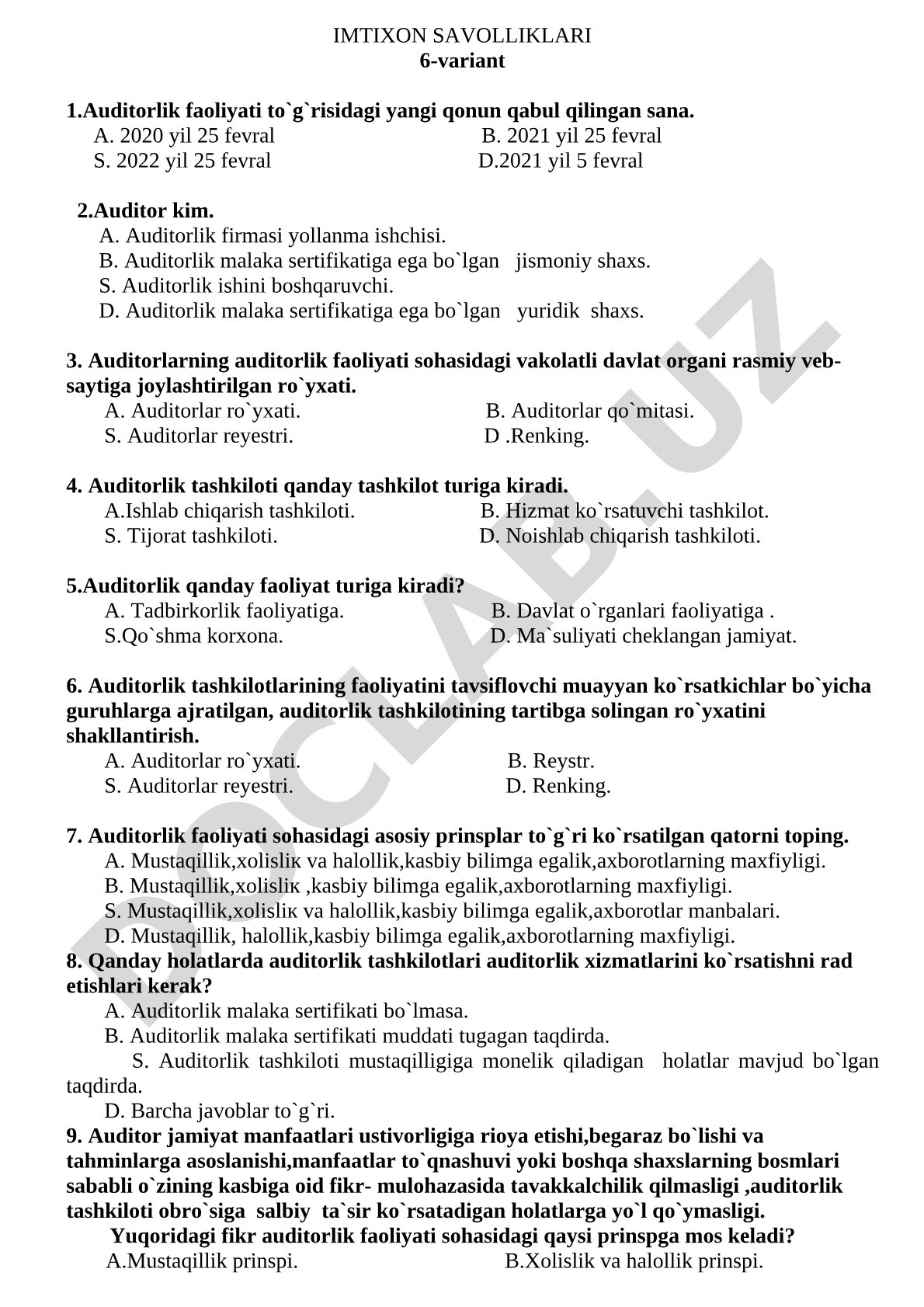 Auditorlik faoliyati test savollari