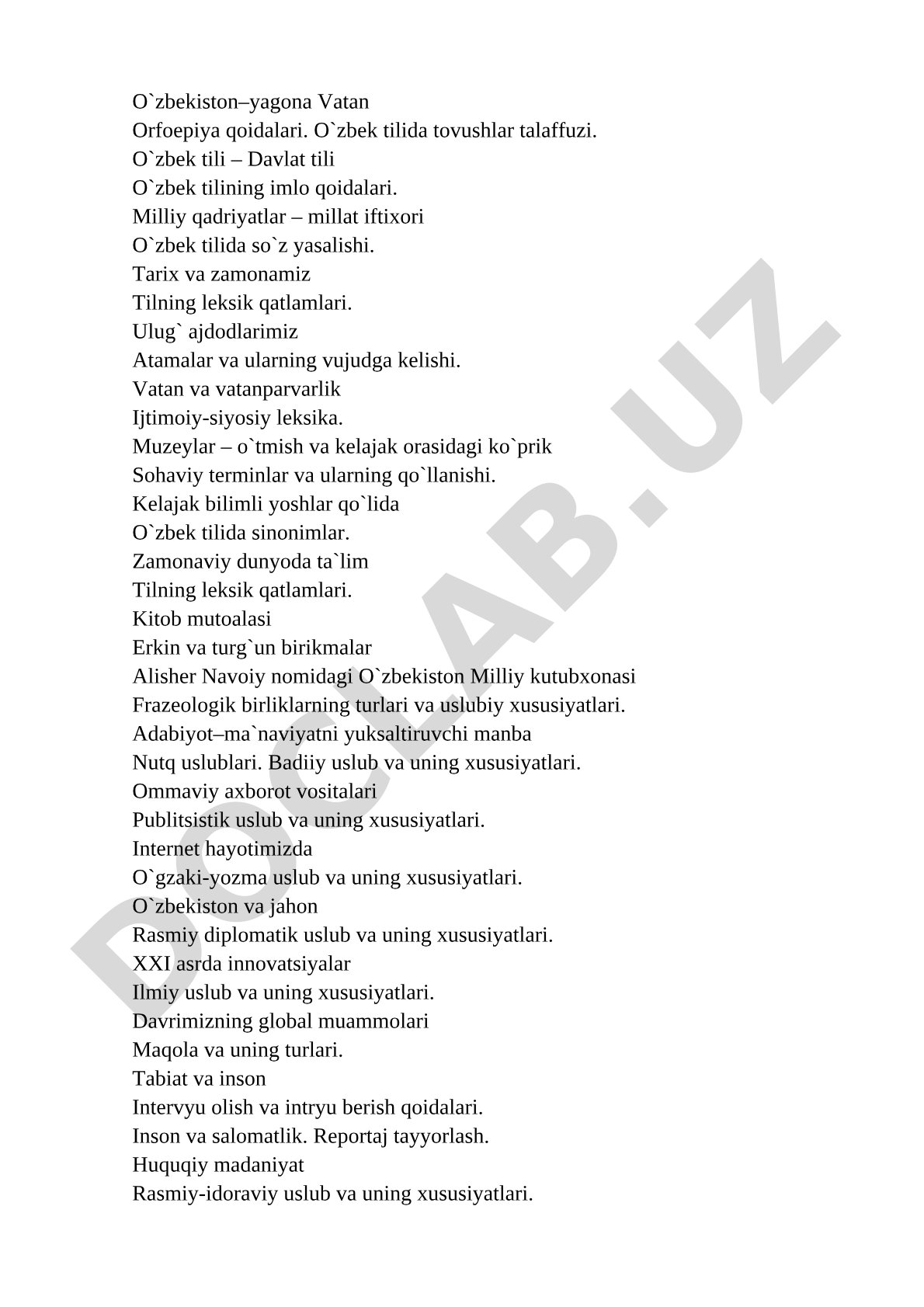 O‘zbek tili fanidan mavzular to‘plami