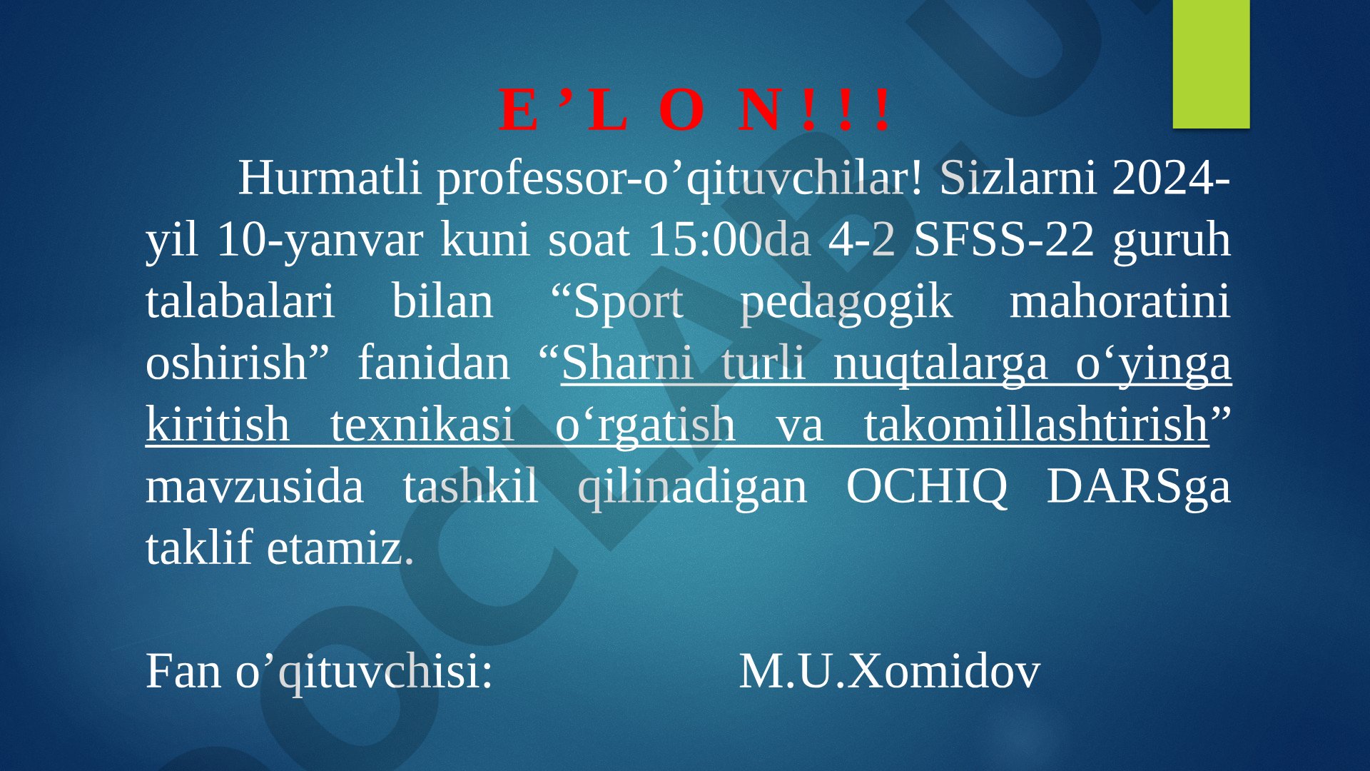 Sharni turli nuqtalarga o‘yinga kiritish texnikasi o‘rgatish va takomillashtirish