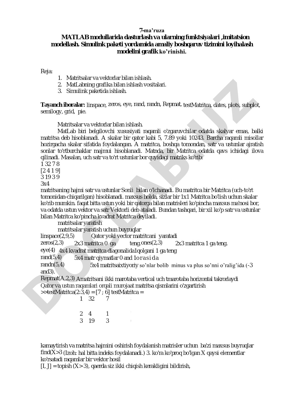 MATLAB modullarida dasturlash va ularning funktsiyalari, imitatsion modellash