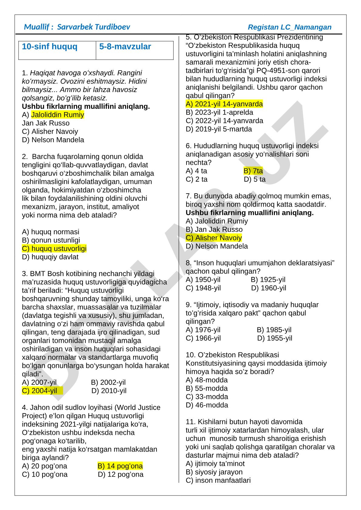 10-sinf huquq 5-8-mavzular bo'yicha test savollari
