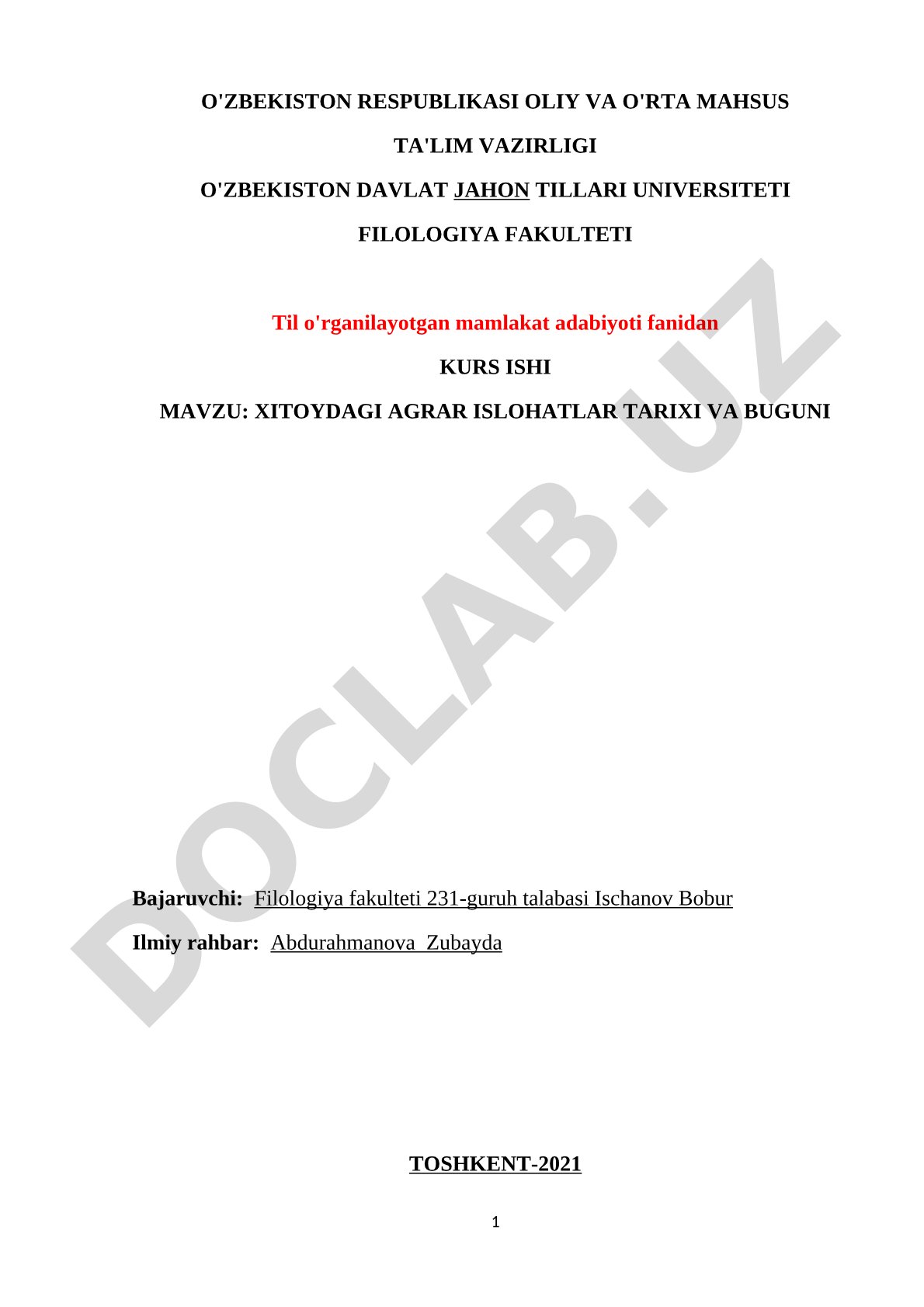 Xitoydagi agrar islohotlar tarixi va buguni