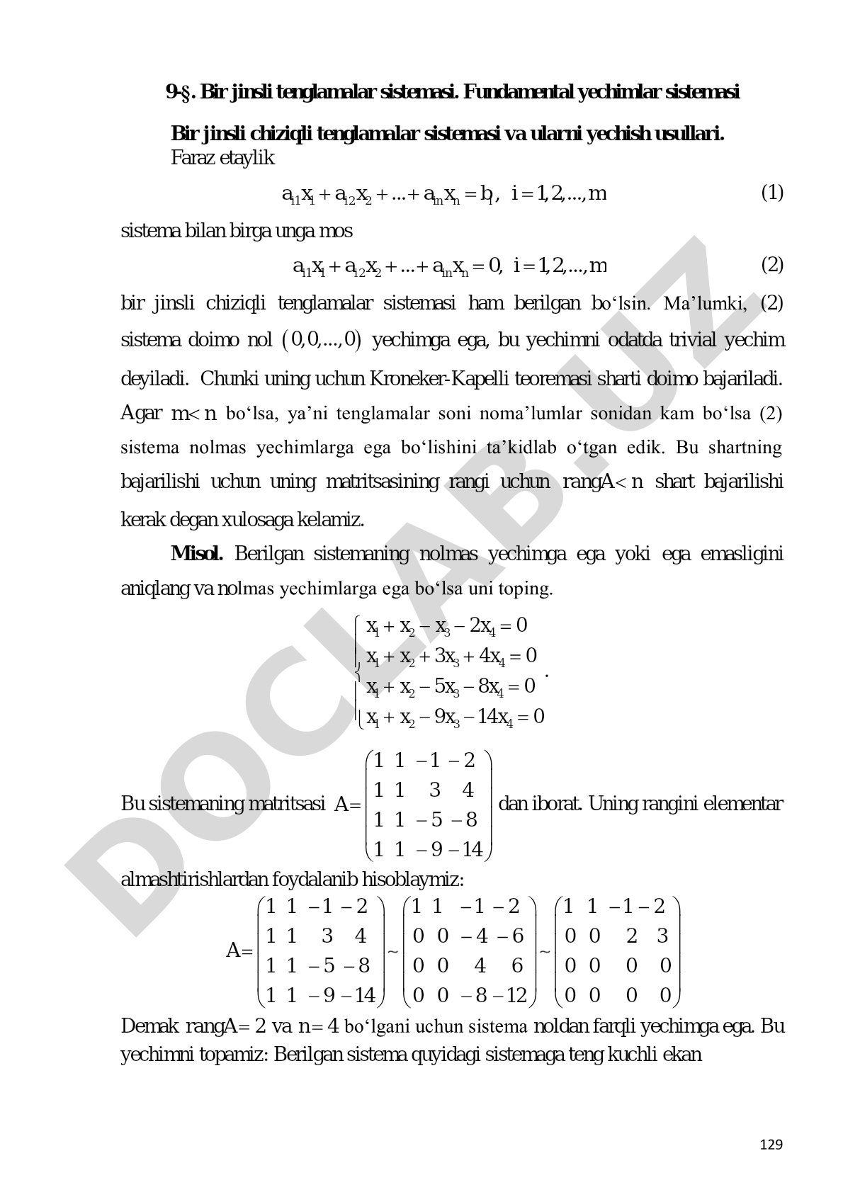 Bir jinsli tenglamalar sistemasi. Fundamental yechimlar sistemasi