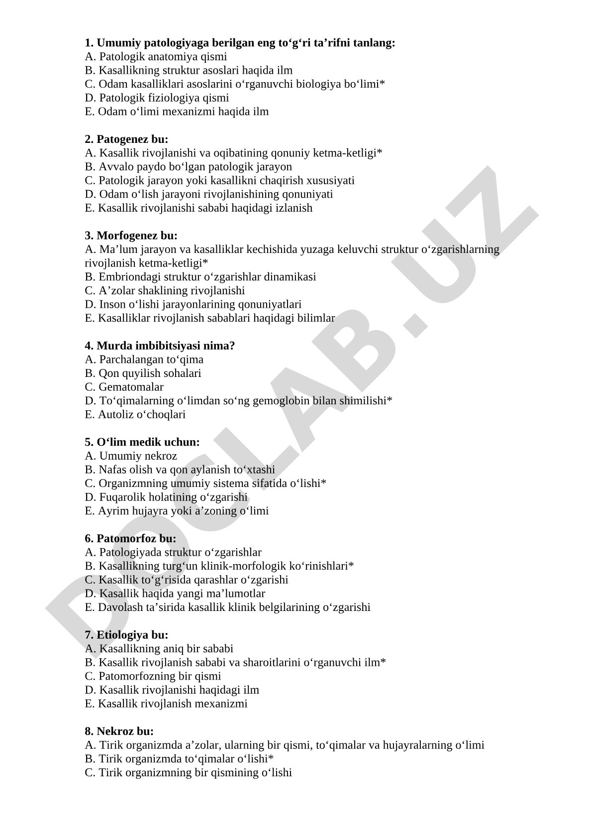 Umumiy patologiya fanidan test savollari