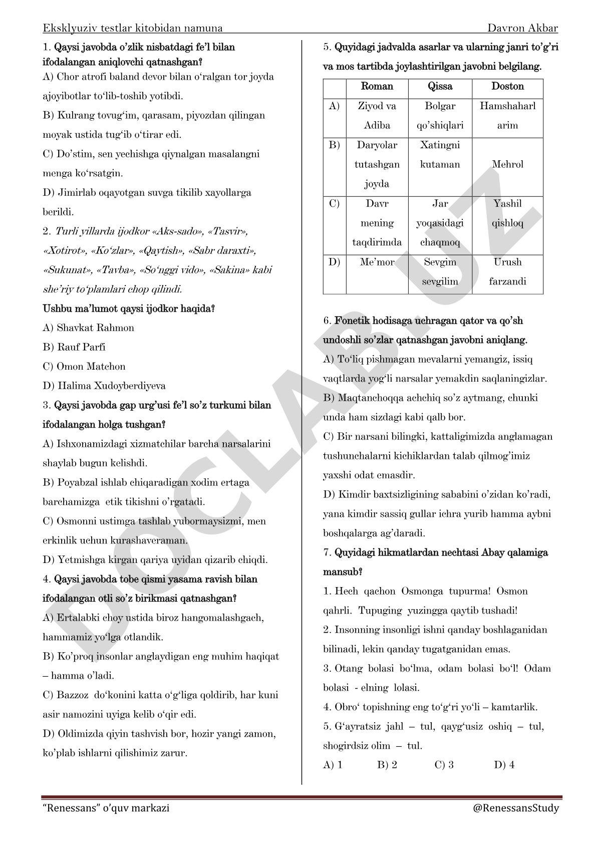 Eksklyuziv testlar kitobidan namuna