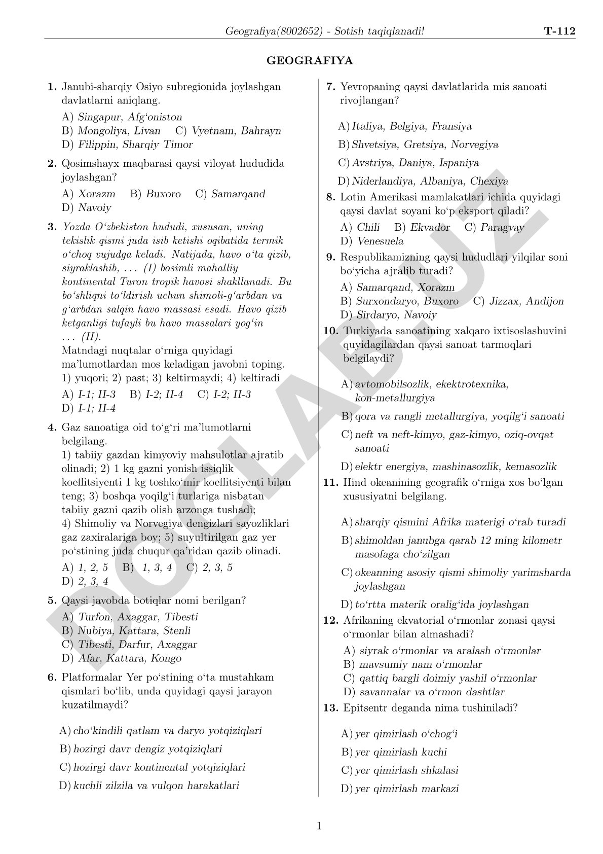 Geografiya fanidan test savollari