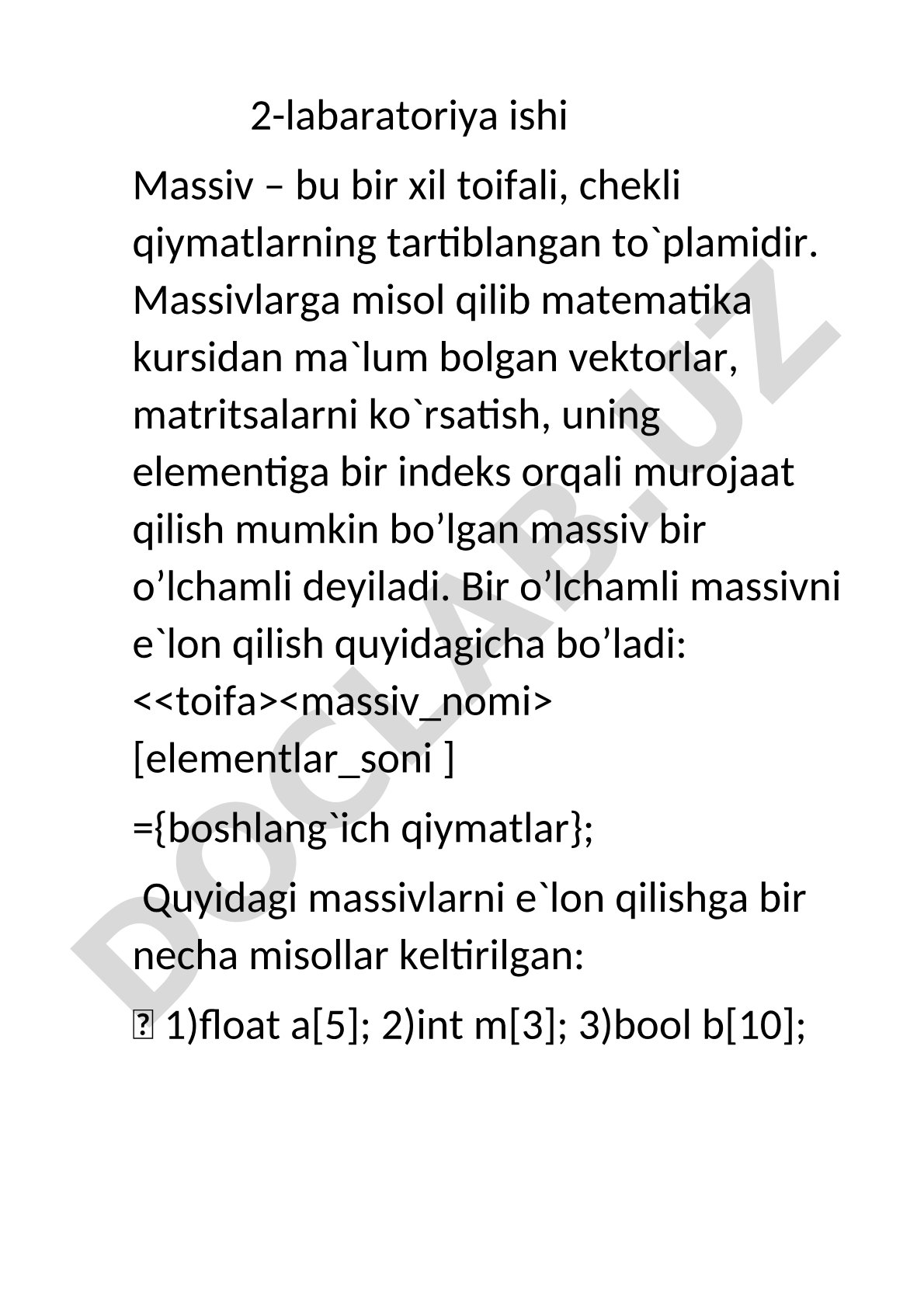 C++ da bir o'lchamli massivlarni e'lon qilish va elementlariga murojaat qilish