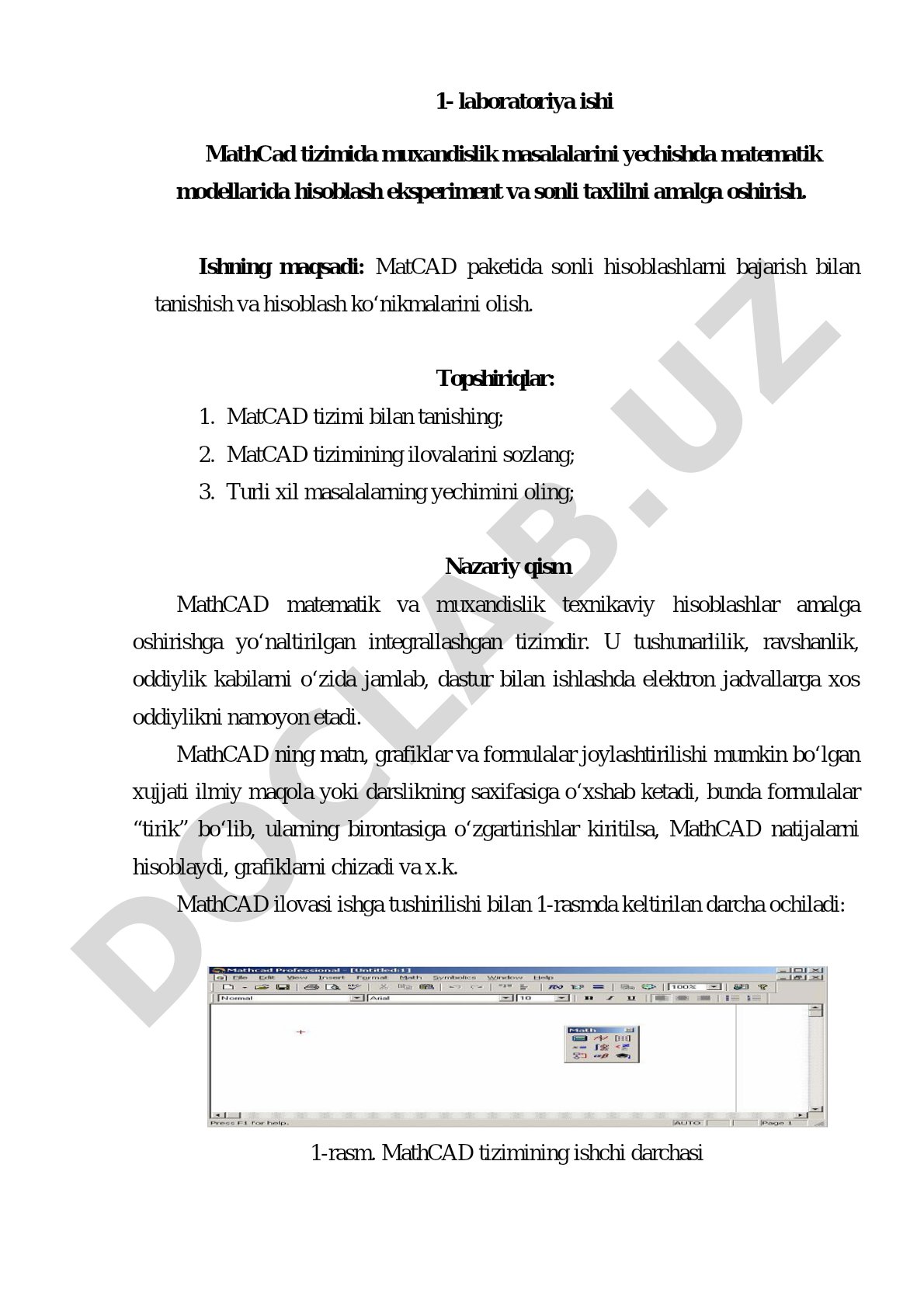 MathCad tizimida muhandislik masalalarini yechishda matematik modellar va sonli tahlil