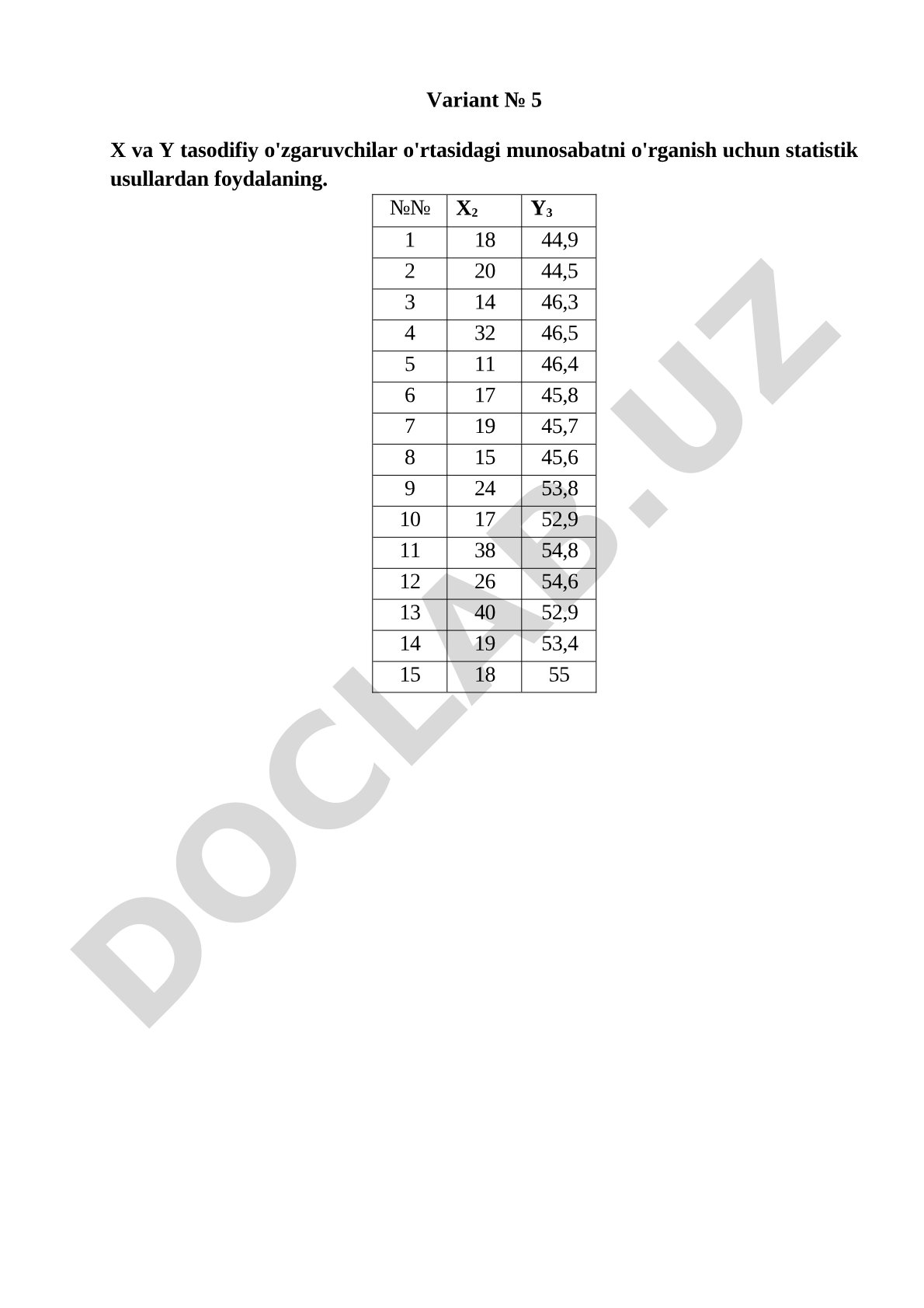 Variant №5 X va Y tasodifiy o'zgaruvchilar o'rtasidagi munosabatni o'rganish