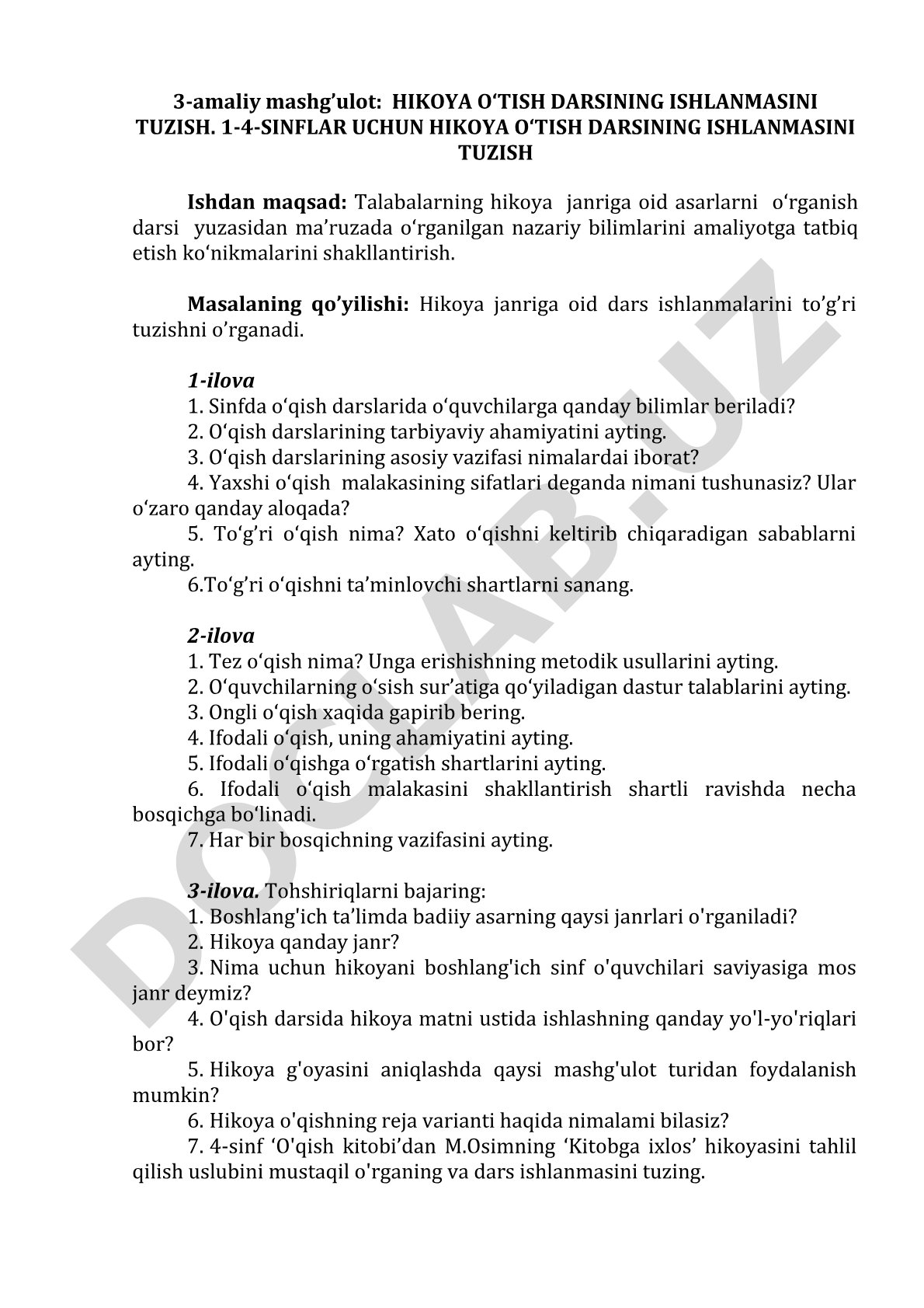 1-4-sinflar uchun hikoya o‘tish darsining ishlanmasini tuzish