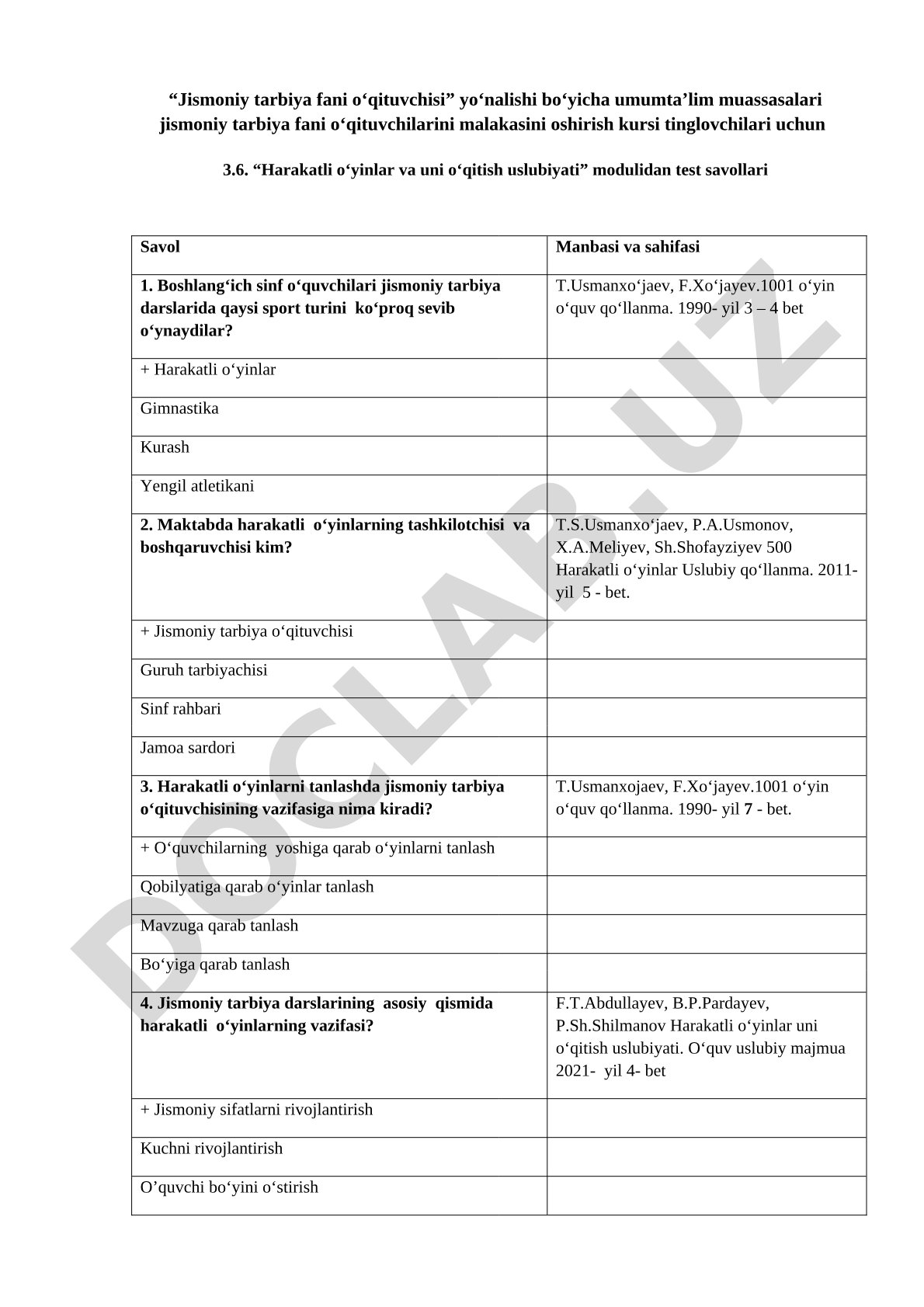 Harakatli o'yinlar va uni o'qitish uslubiyati modulidan test savollari