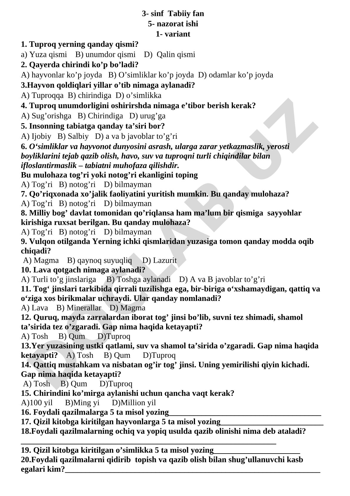 3-sinf Tabiiy fan 5-nazorat ishi 1-variant