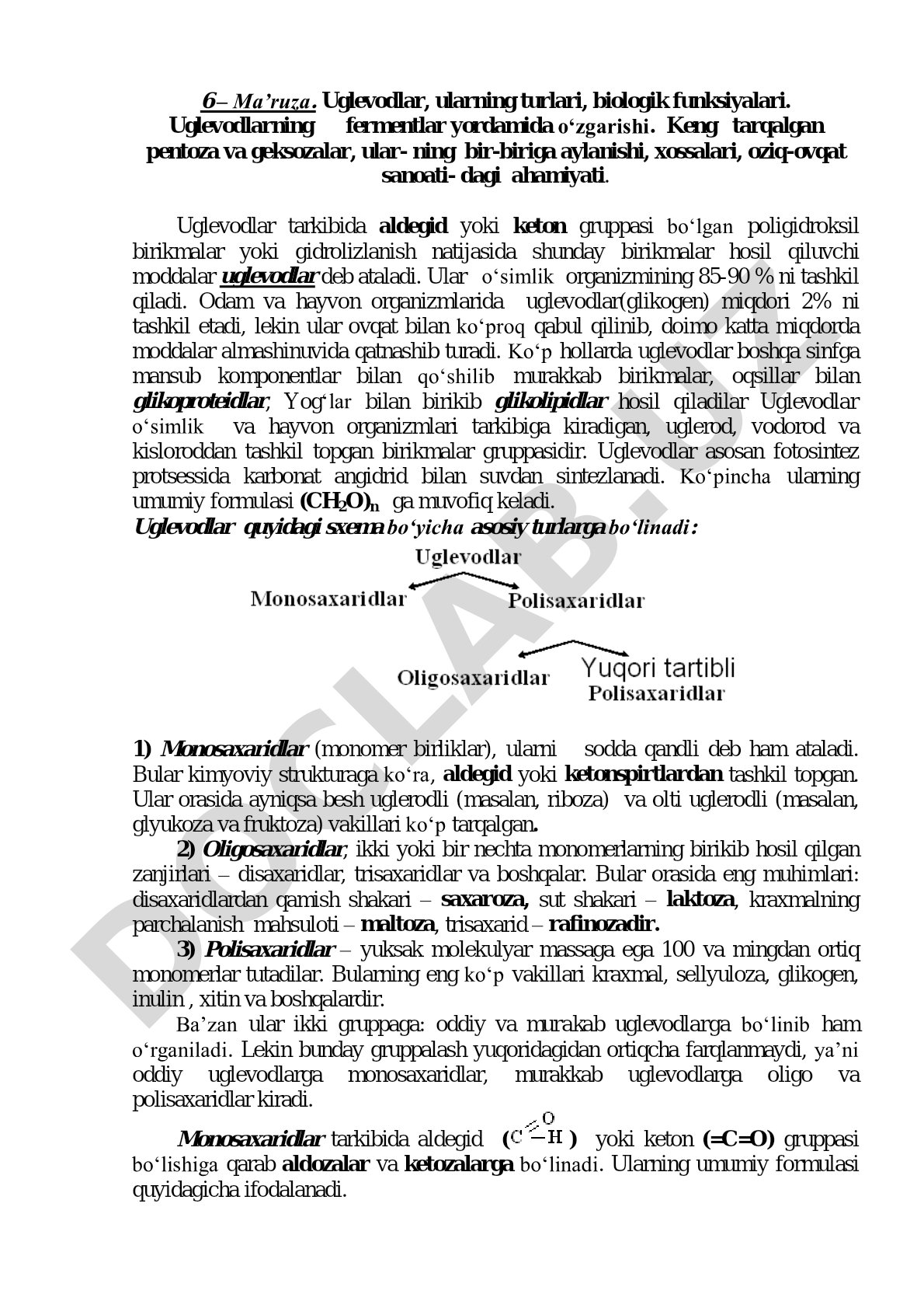 Uglevodlar, ularning turlari, biologik funksiyalari