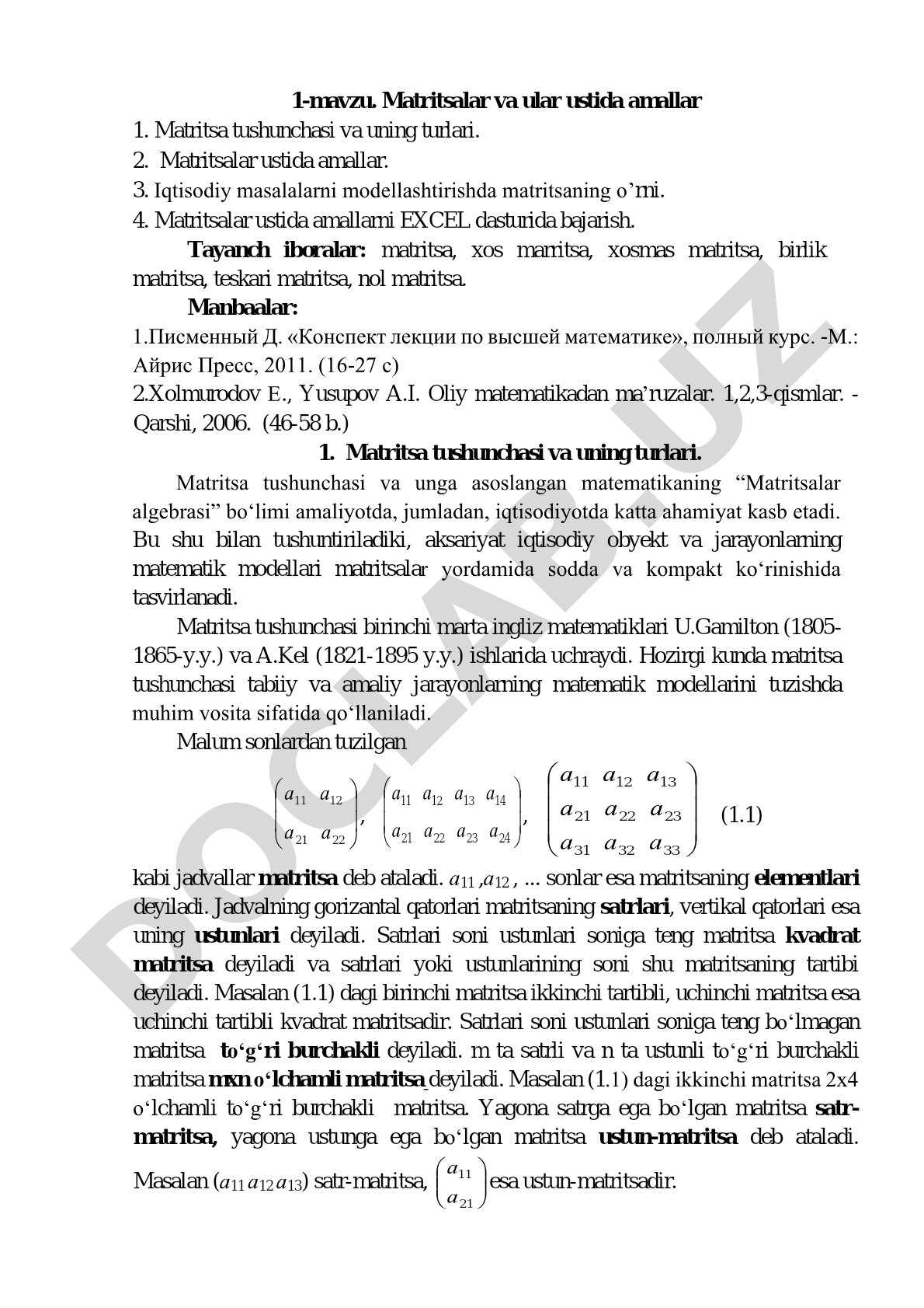 Matritsalar va ular ustida amallar