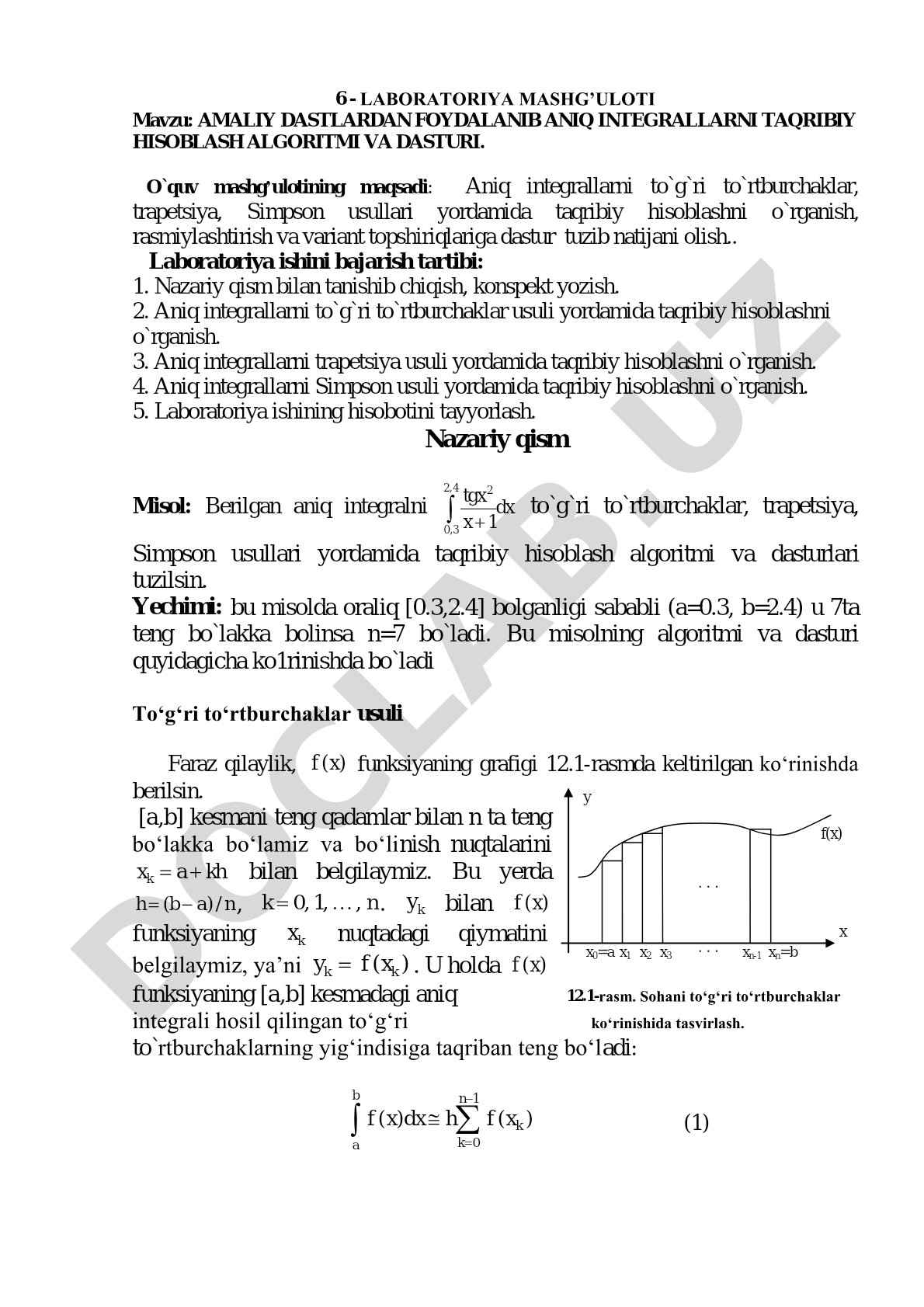 AMALIY DASTLARDAN FOYDALANIB ANIQ INTEGRALLARNI TAQRIBIY HISOBLASH ALGORITMI VA DASTURI
