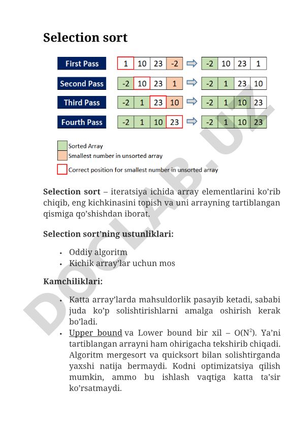 Selection sort algoritmi: ustunliklari, kamchiliklari va ishlash konsepti