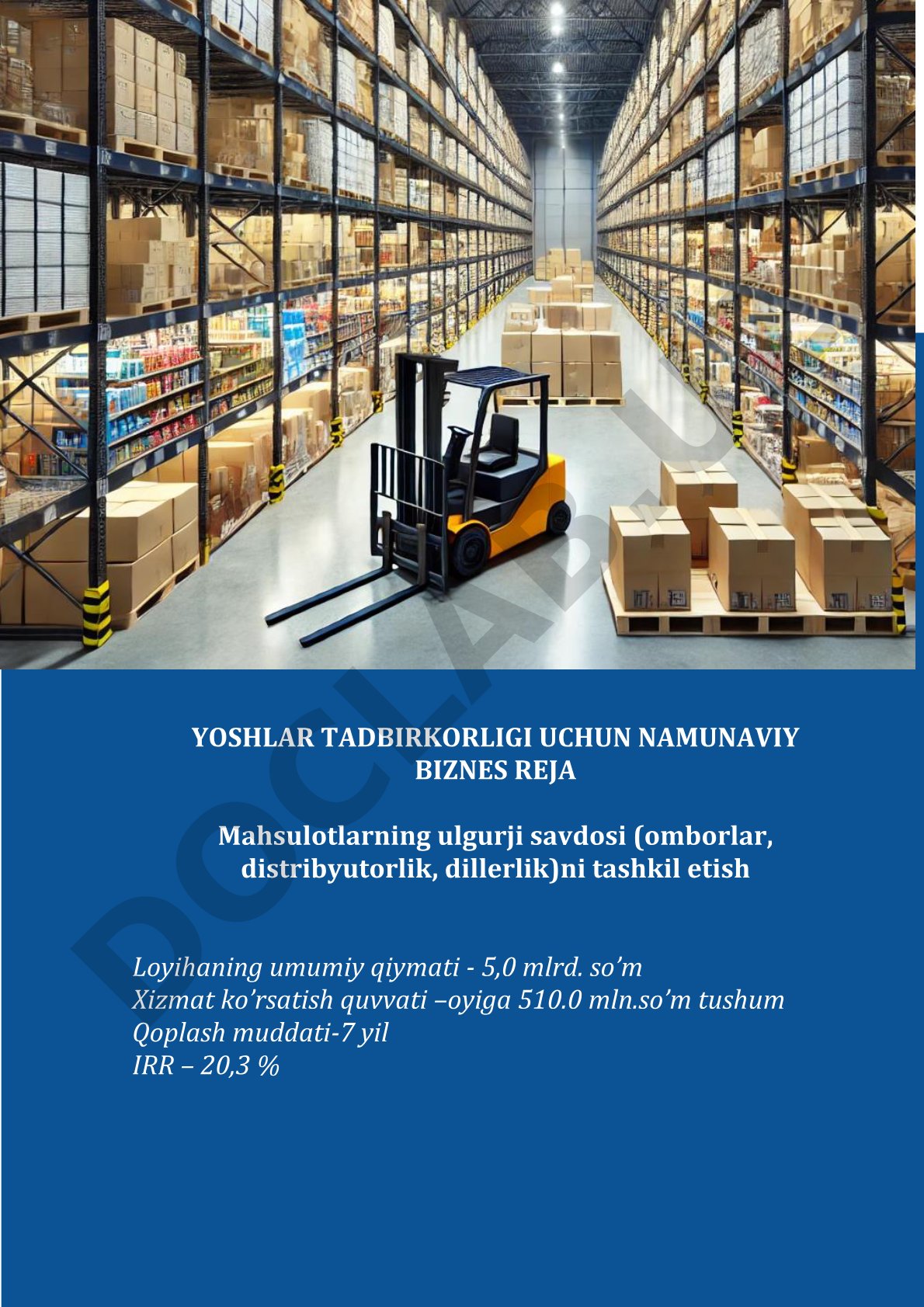 Mahsulotlarning ulgurji savdosi (omborlar, distribyutorlik, dillerlik)ni tashkil etish biznes rejasi