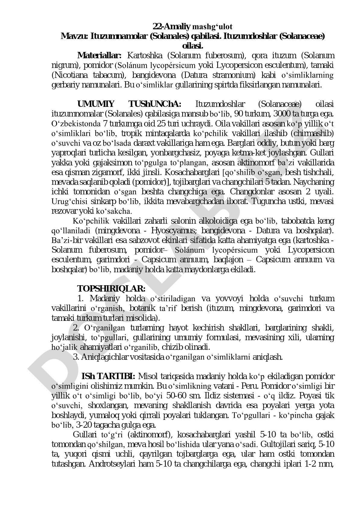 Ituzumnamolar (Solanales) qabilasi. Ituzumdoshlar (Solanaceae) oilasi.