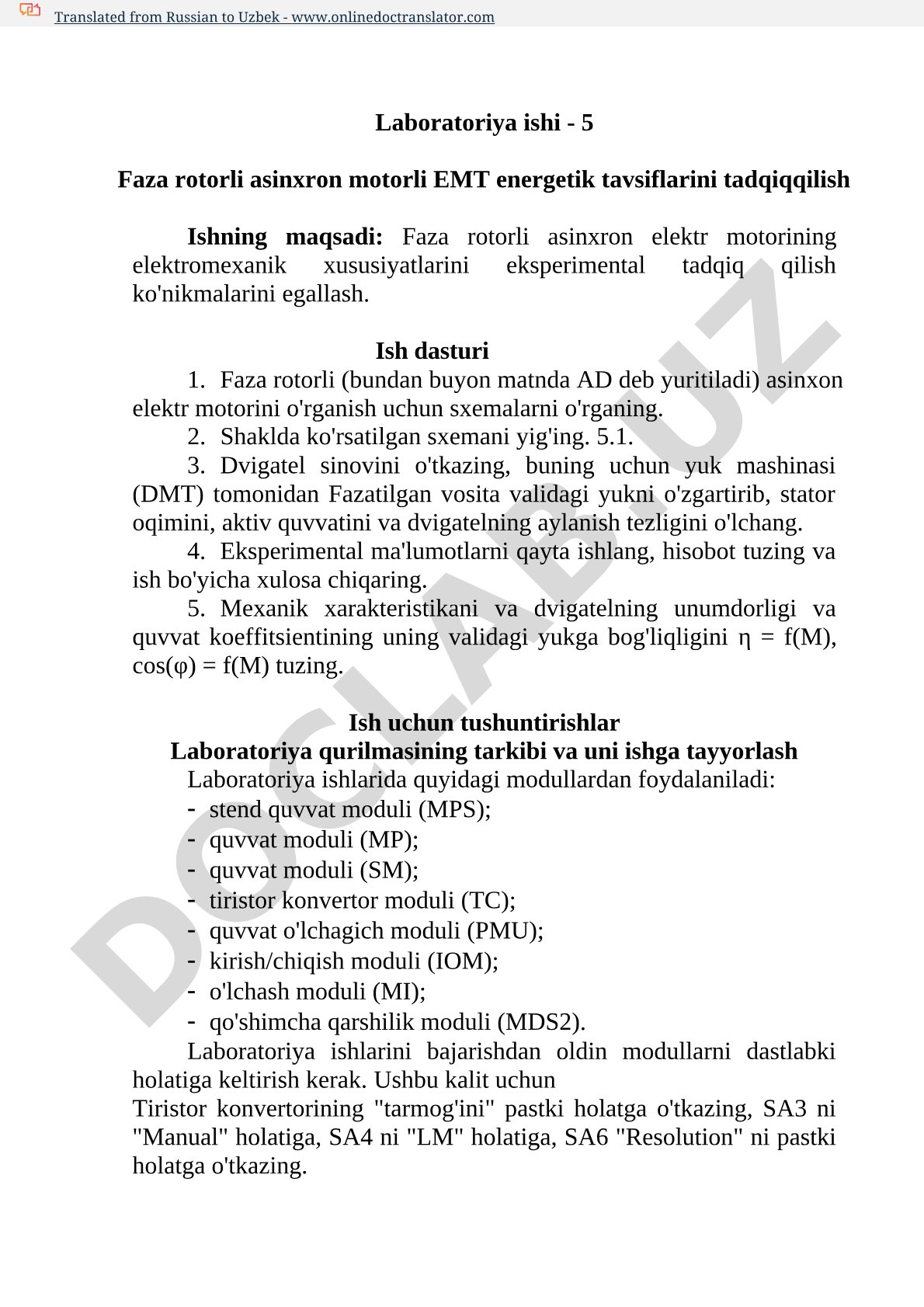 Faza rotorli asinxron motorli EMT energetik tavsiflarini tadqiq qilish