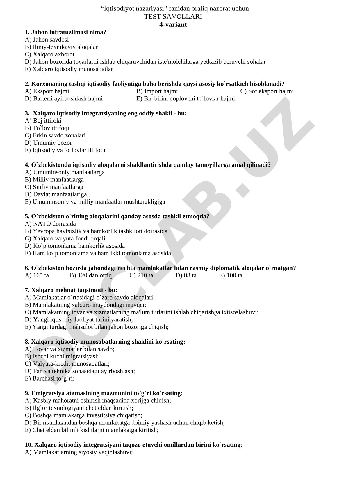 Iqtisodiyot nazariyasi fanidan oraliq nazorat test savollari 4-variant