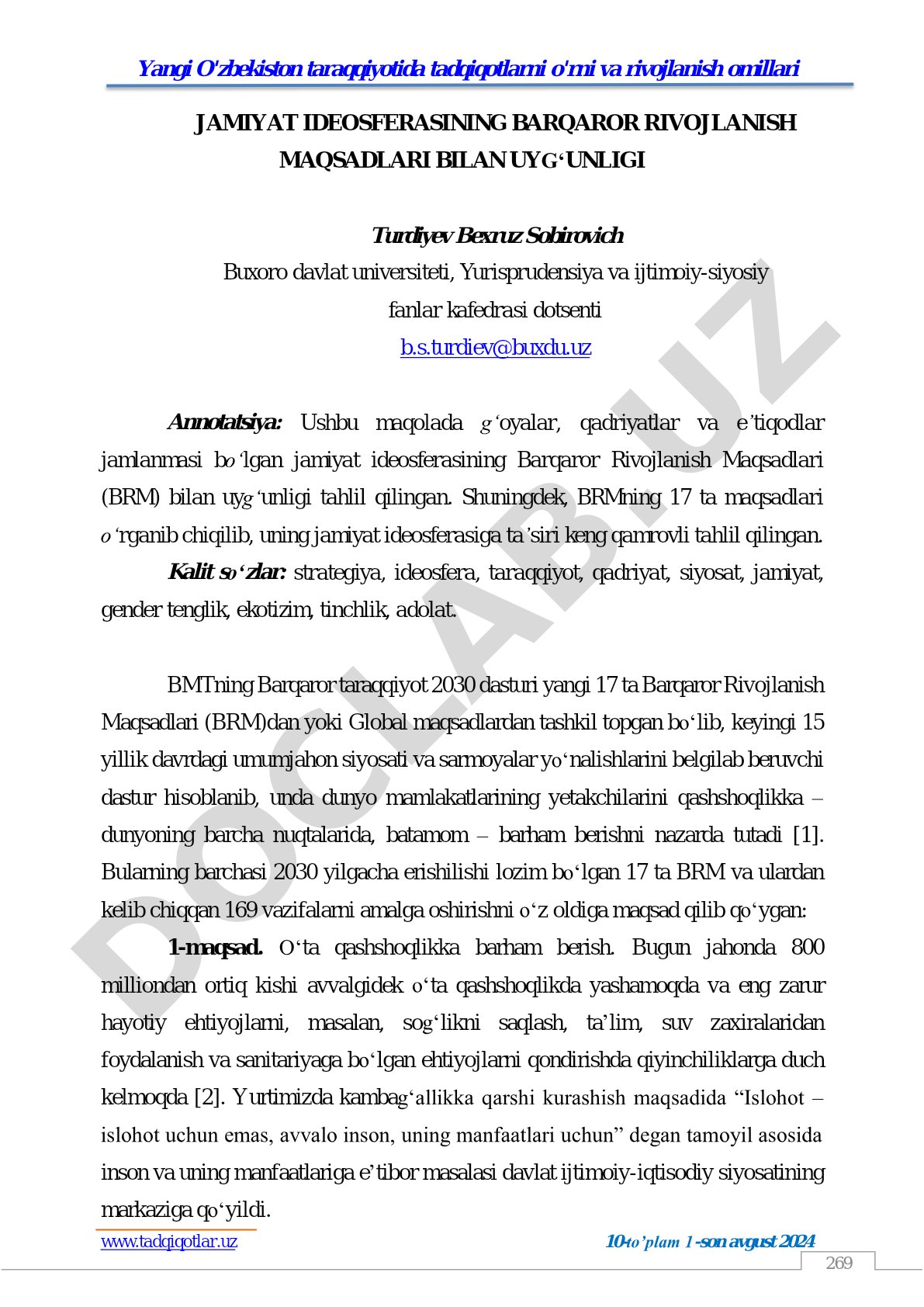 JAMIYAT IDEOSFERASINING BARQAROR RIVOJLANISH MAQSADLARI BILAN UYG‘UNLIGI