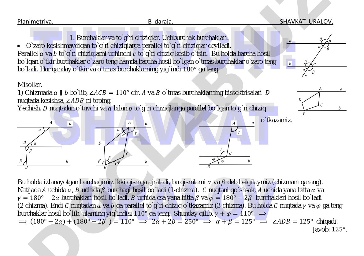 Planimetriya burchaklar va parallel to'g'ri chiziqlar