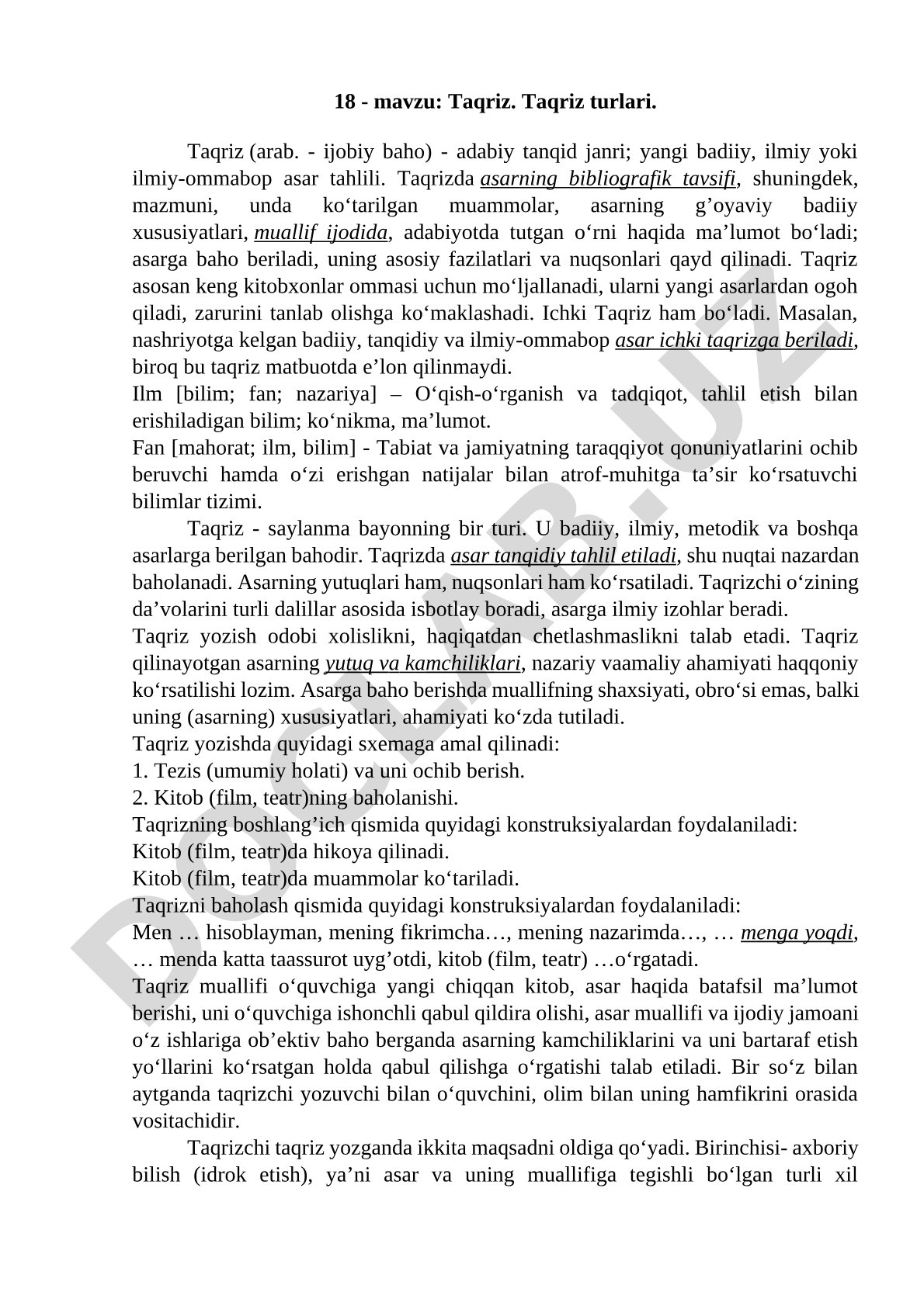 Taqriz janri, turlari, ichki taqriz va fan tushunchalari haqida ma'lumot
