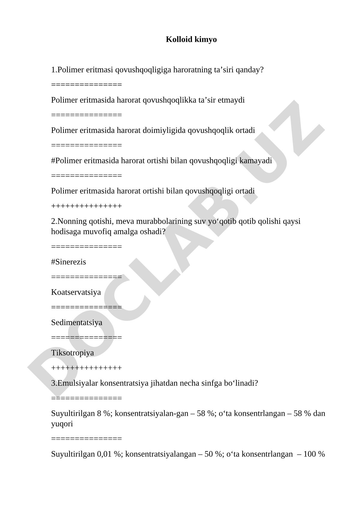 Kolloid kimyo bo'yicha test savollari