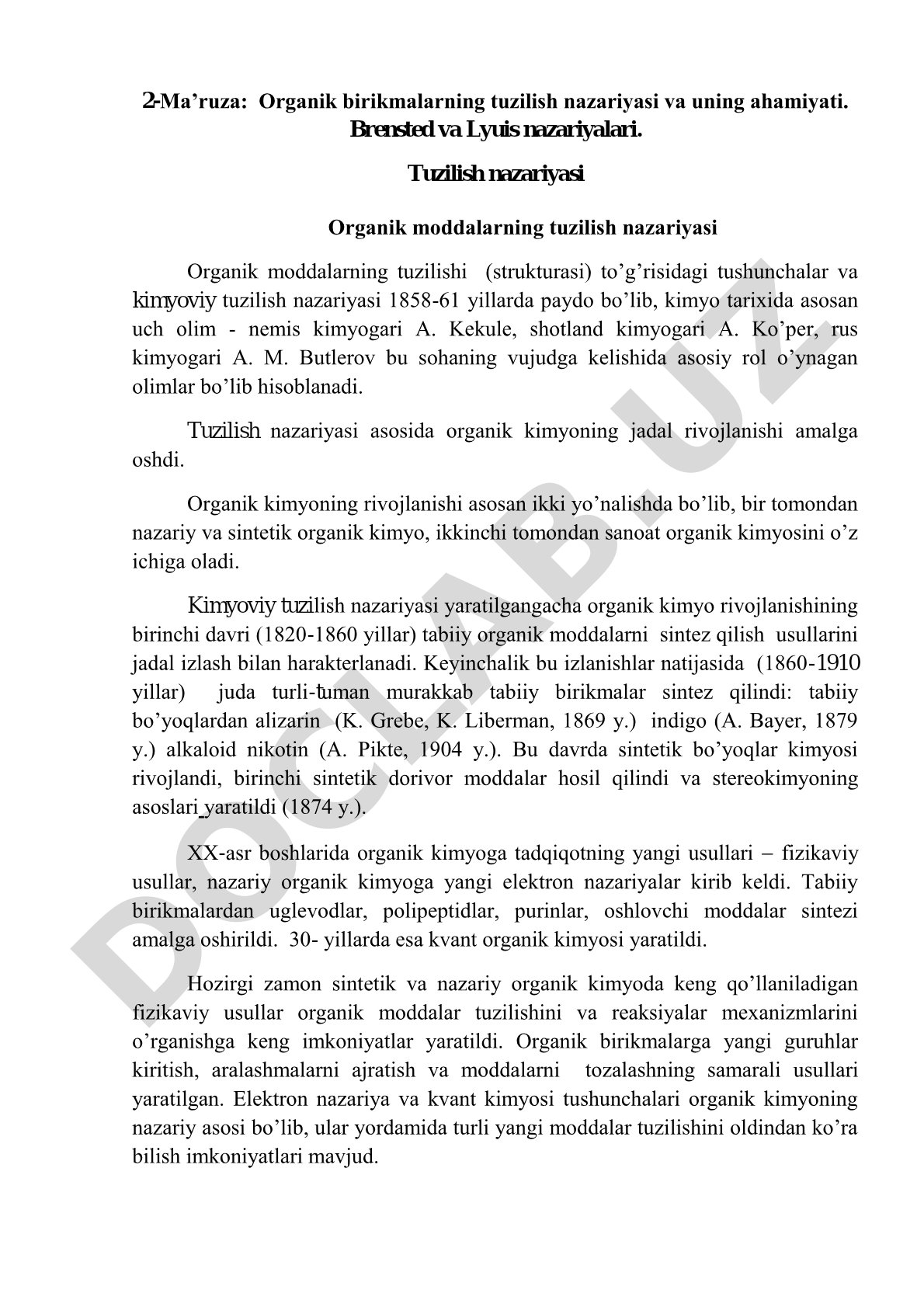 Organik birikmalarning tuzilish nazariyasi va Brensted-Lyuis nazariyalari