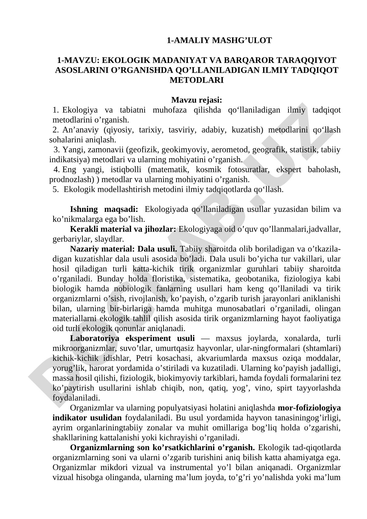 Ekologik madaniyat va barqaror taraqqiyot asoslarini o'rganishda qo'llaniladigan ilmiy tadqiqot metodlari