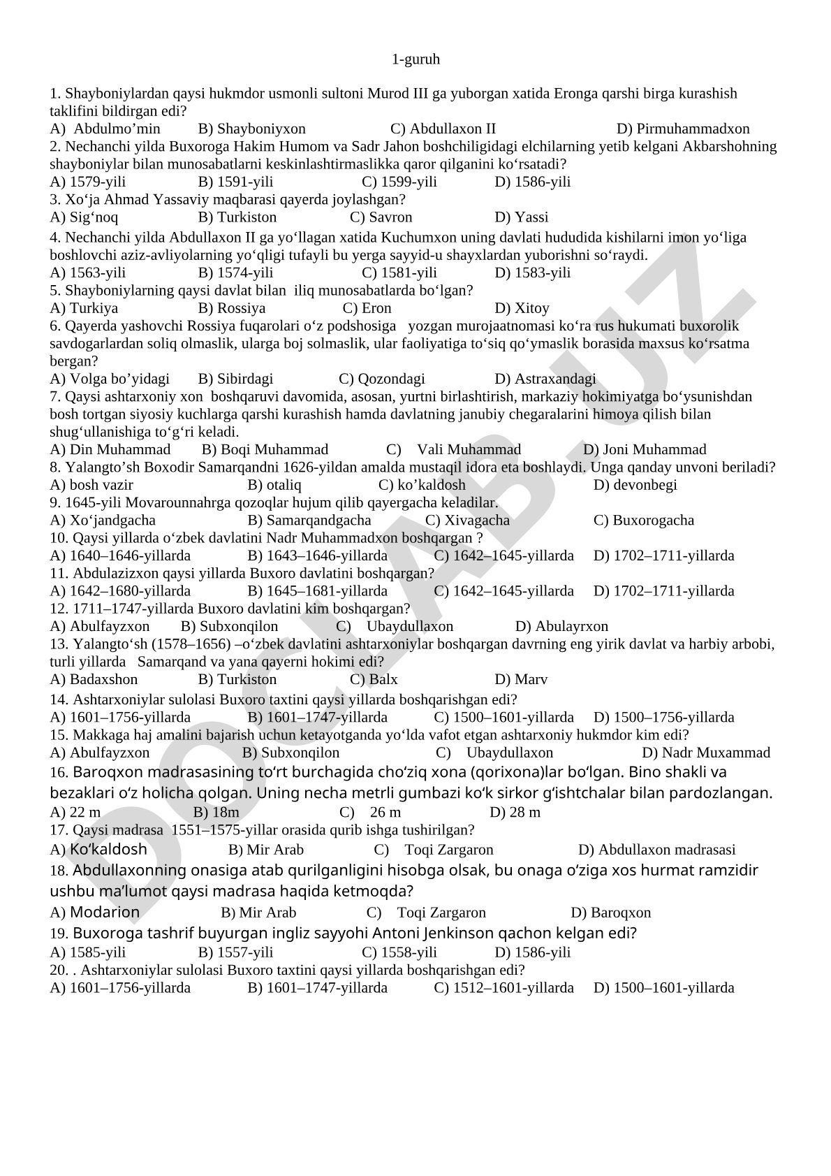Shayboniylar tarixi bo'yicha test savollari