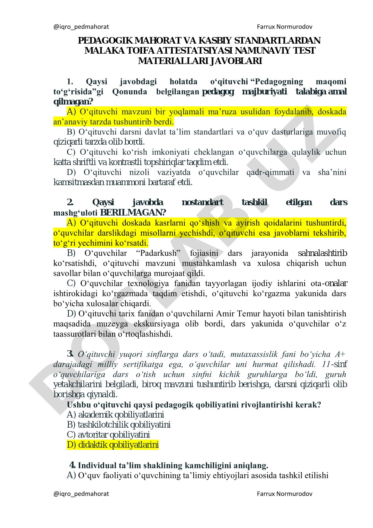 Pedagogik mahorat va kasbiy standartlardan attestatsiya test javoblari