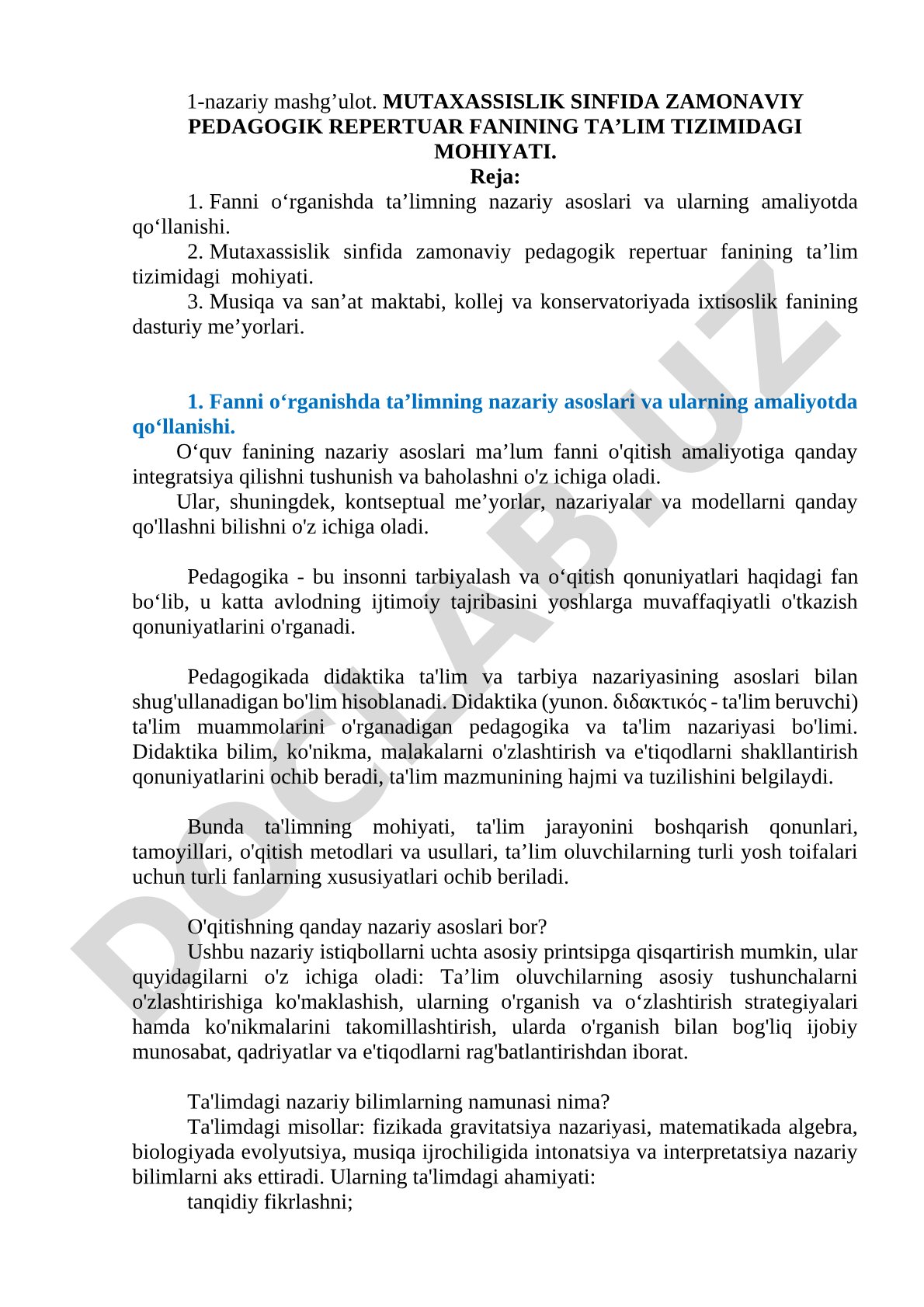 Mutaxassislik sinfida zamonaviy pedagogik repertuar fanining ta’lim tizimidagi mohiyati