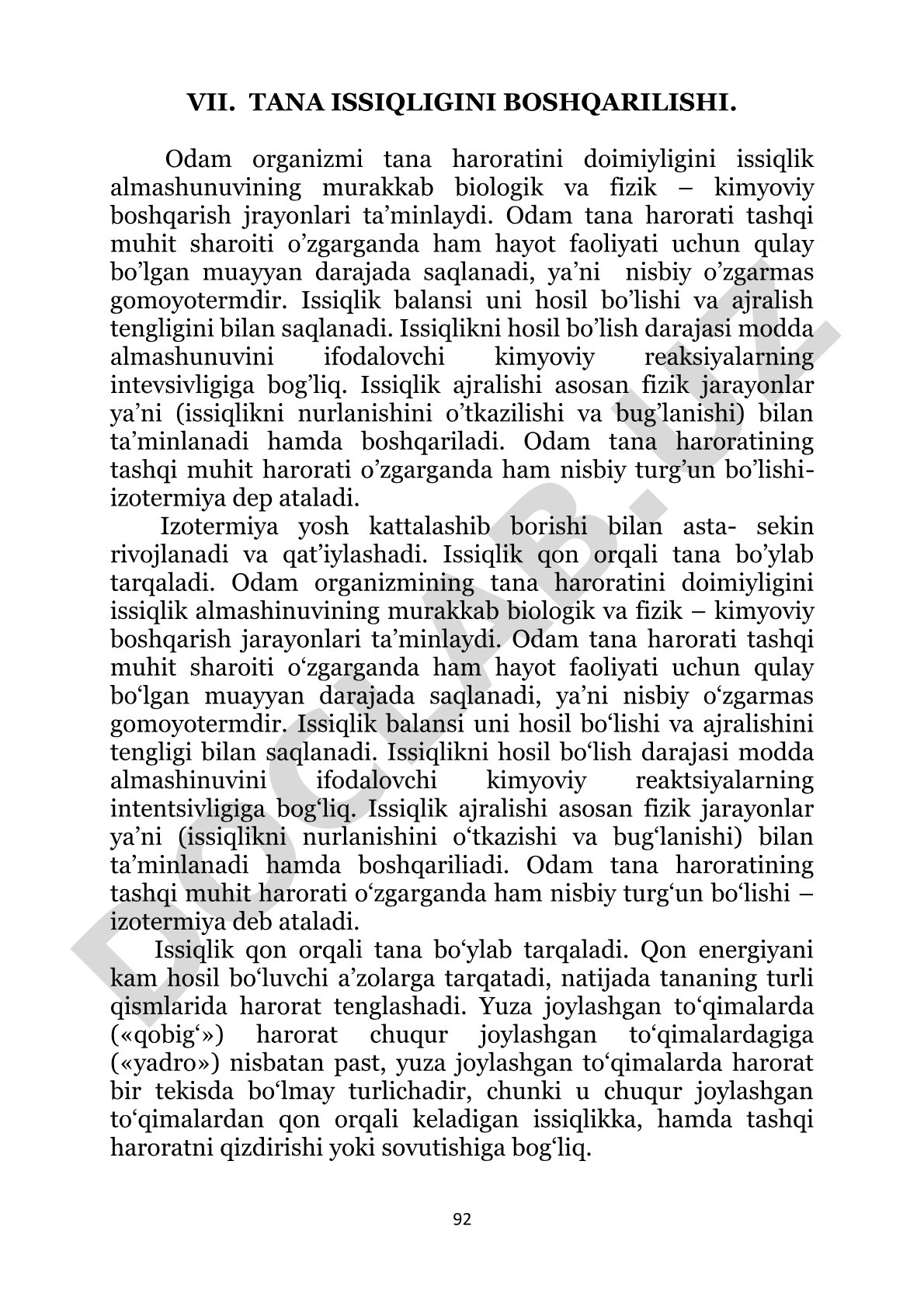Tana haroratining doimiyligi issiqlik ishlab chiqarish va ajralish jarayonlari bilan