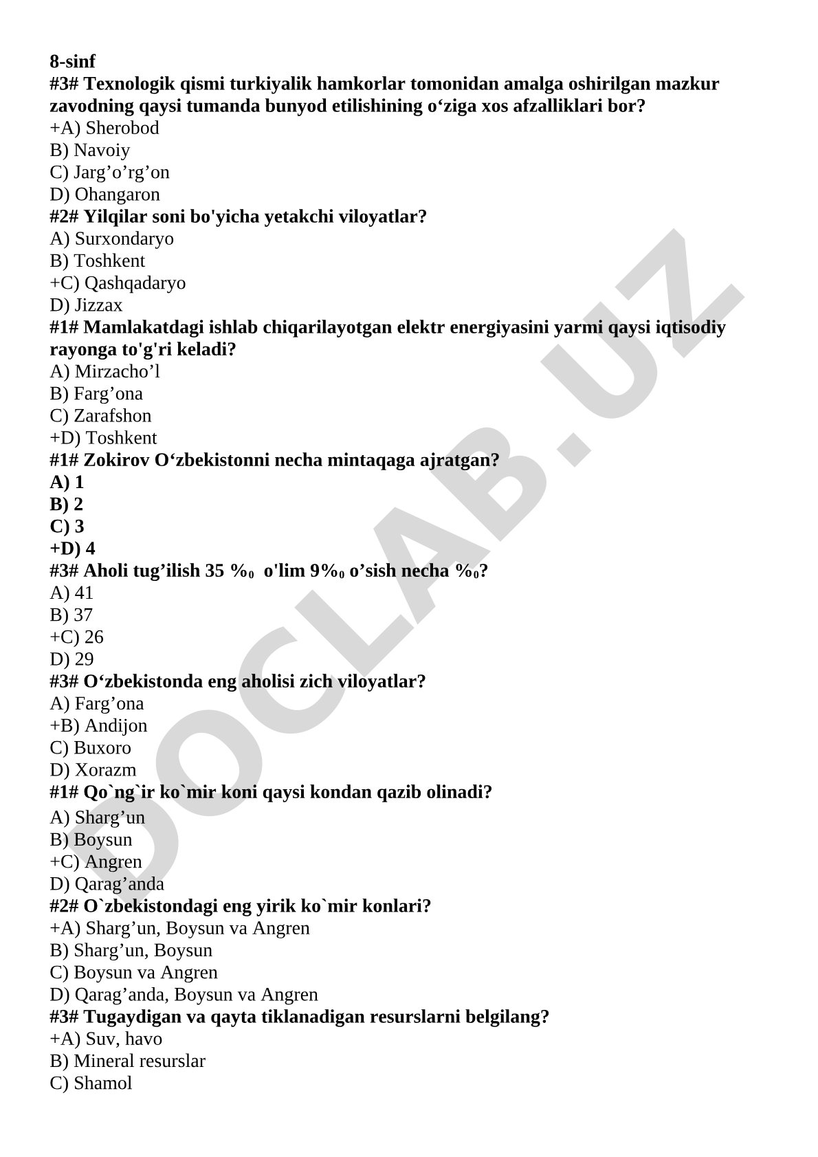 O'zbekiston geografiyasi va iqtisodiyoti testi