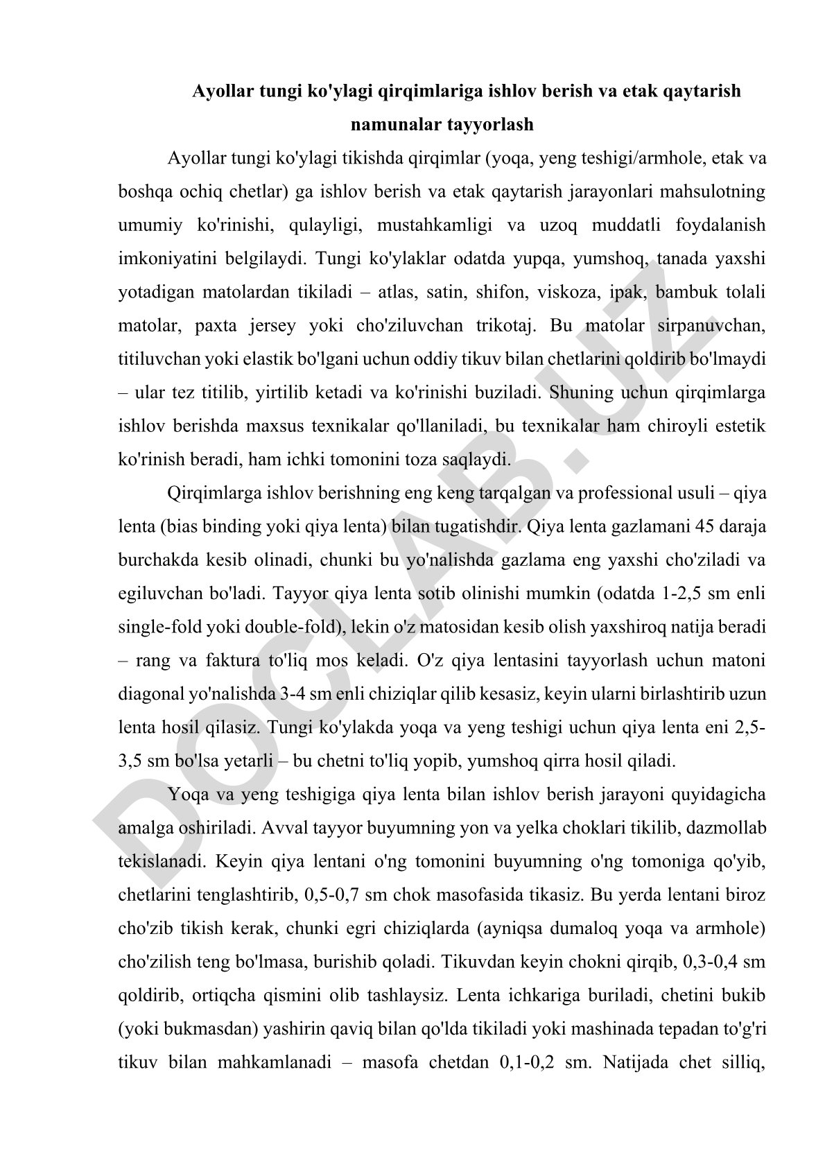 Ayollar tungi ko'ylagi qirqimlariga ishlov berish va etak qaytarish