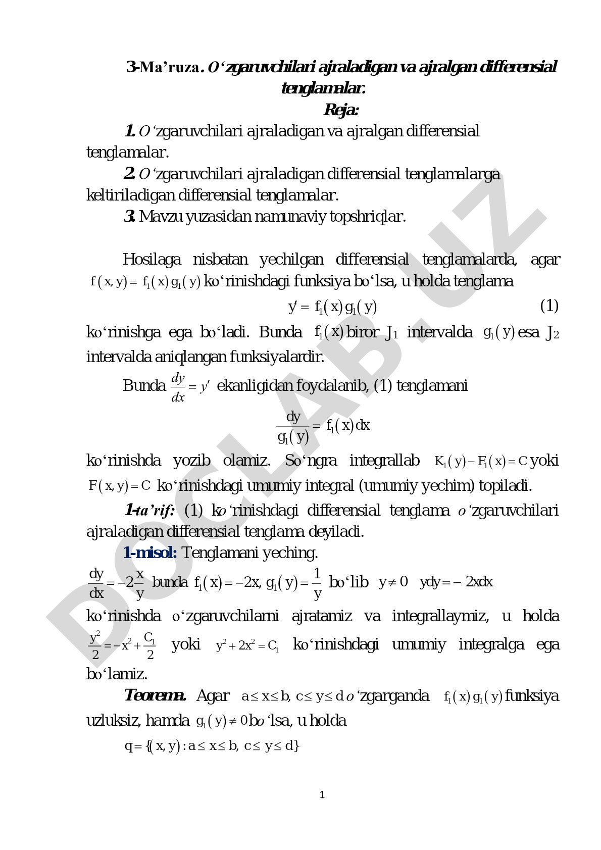 O‘zgaruvchilari ajraladigan va ajralgan differensial tenglamalar