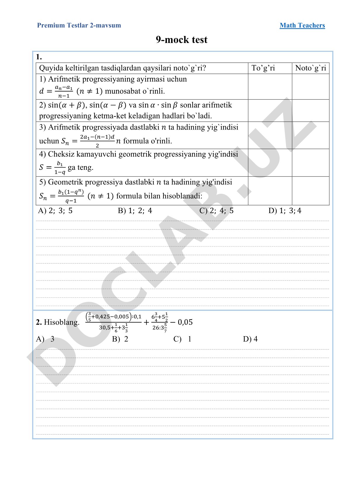 Premium Testlar 2-mavsum Math Teachers 9-mock test 1