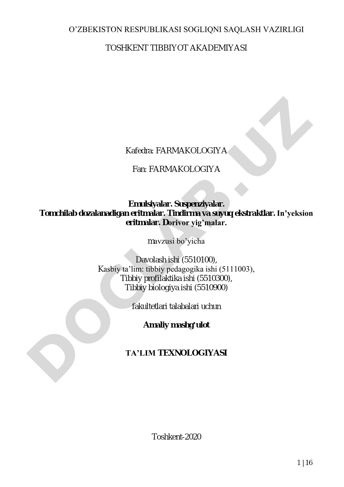 Farmakologiyada emulsiya, suspenziya, eritma, tindirma va dorivor yig'malar