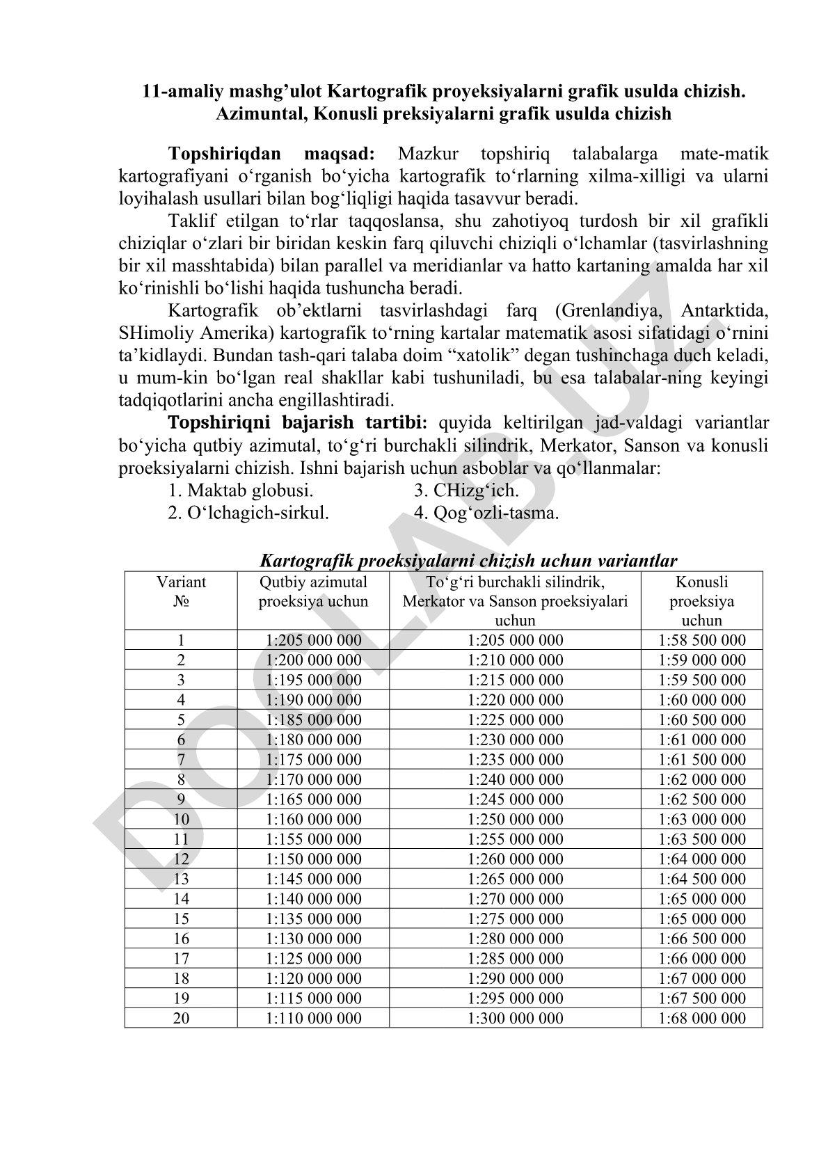 Kartografik proyeksiyalarni grafik usulda chizish