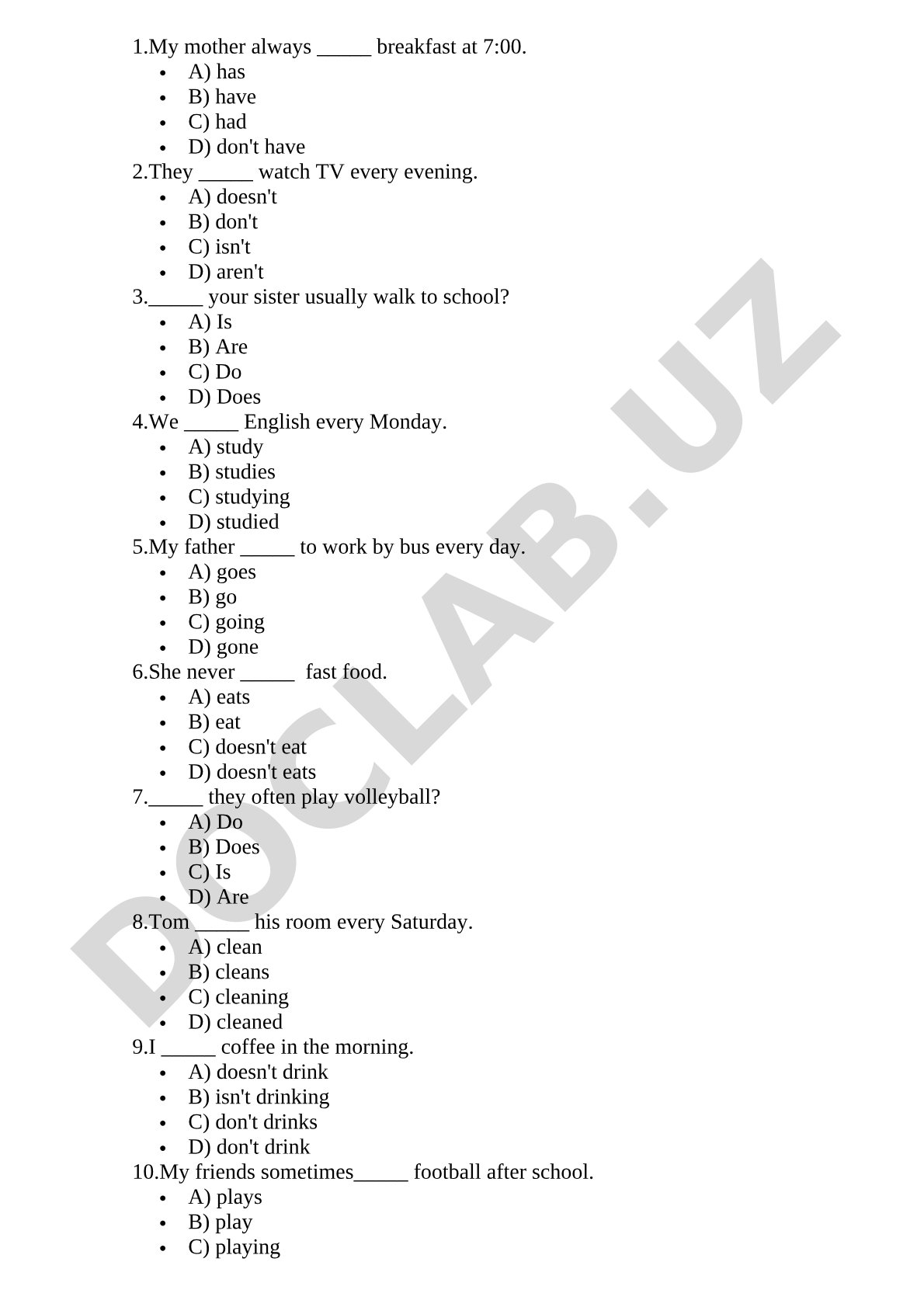 Present Simple Tense Test Questions