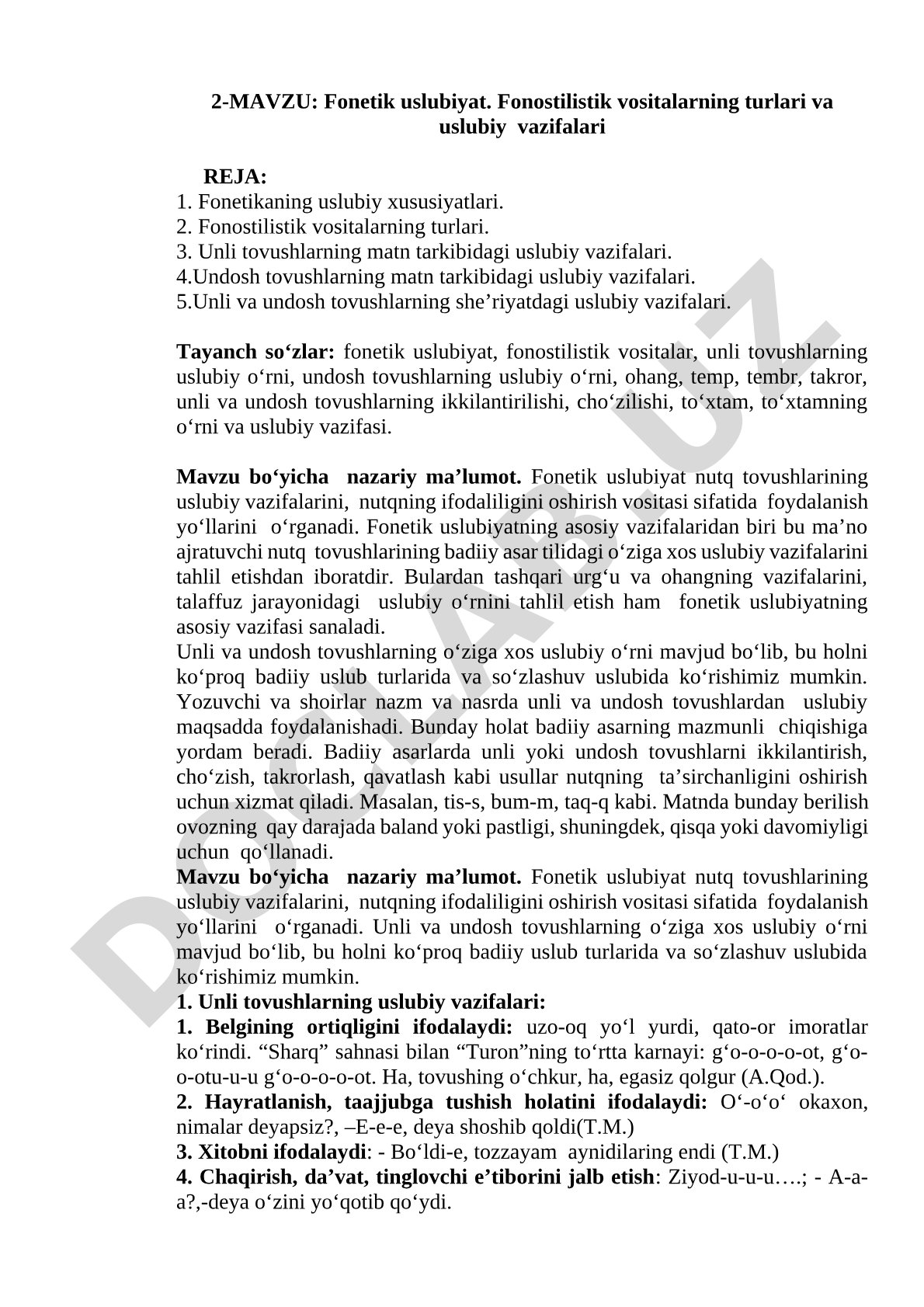 Fonetik uslubiyat. Fonostilistik vositalarning turlari va uslubiy vazifalari