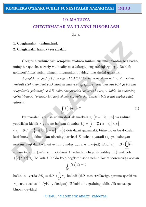Kompleks o'zgaruvchili funksiyalar nazariyasida chegirmalar va ularni hisoblash