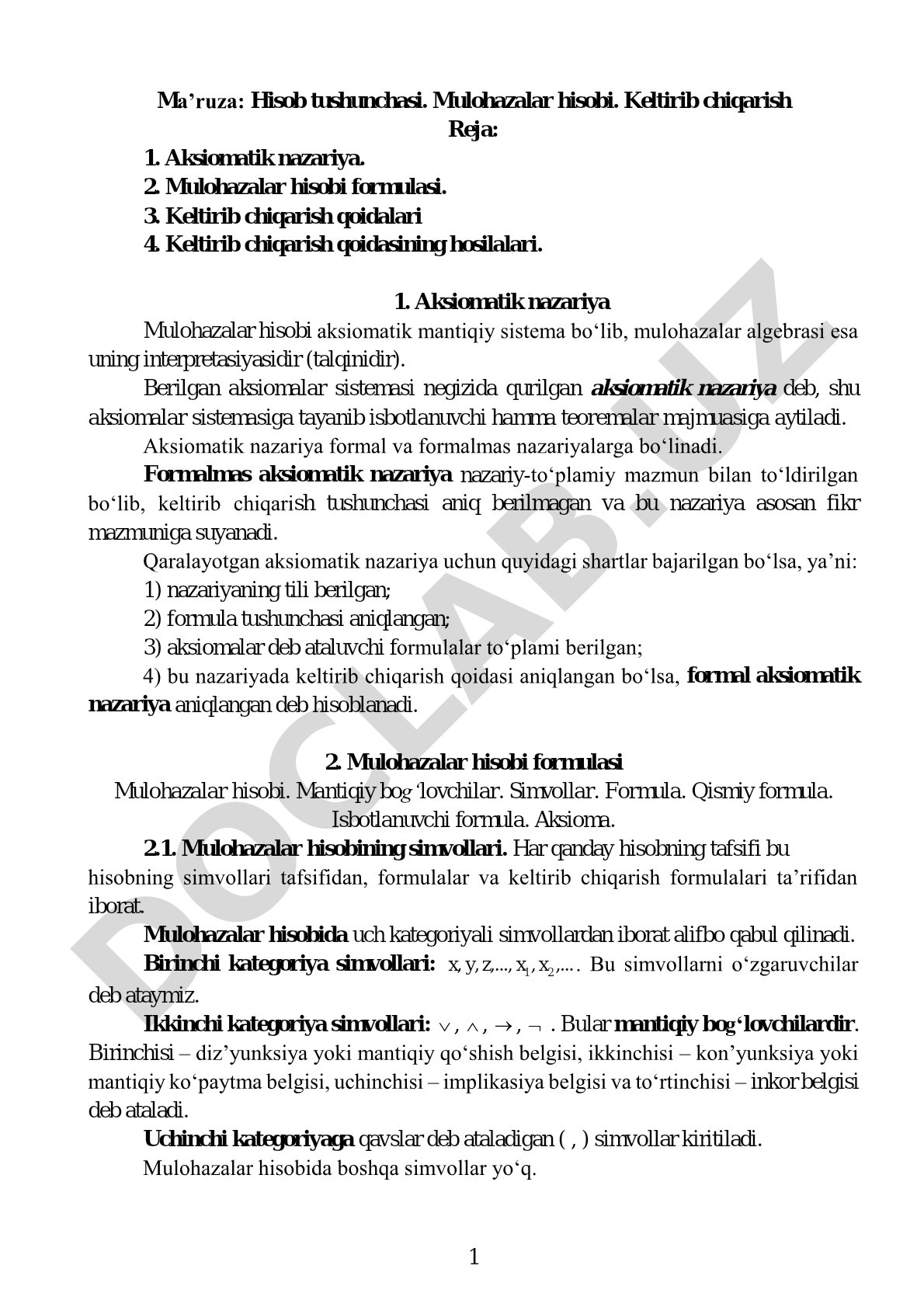 Hisob tushunchasi. Mulohazalar hisobi. Keltirib chiqarish
