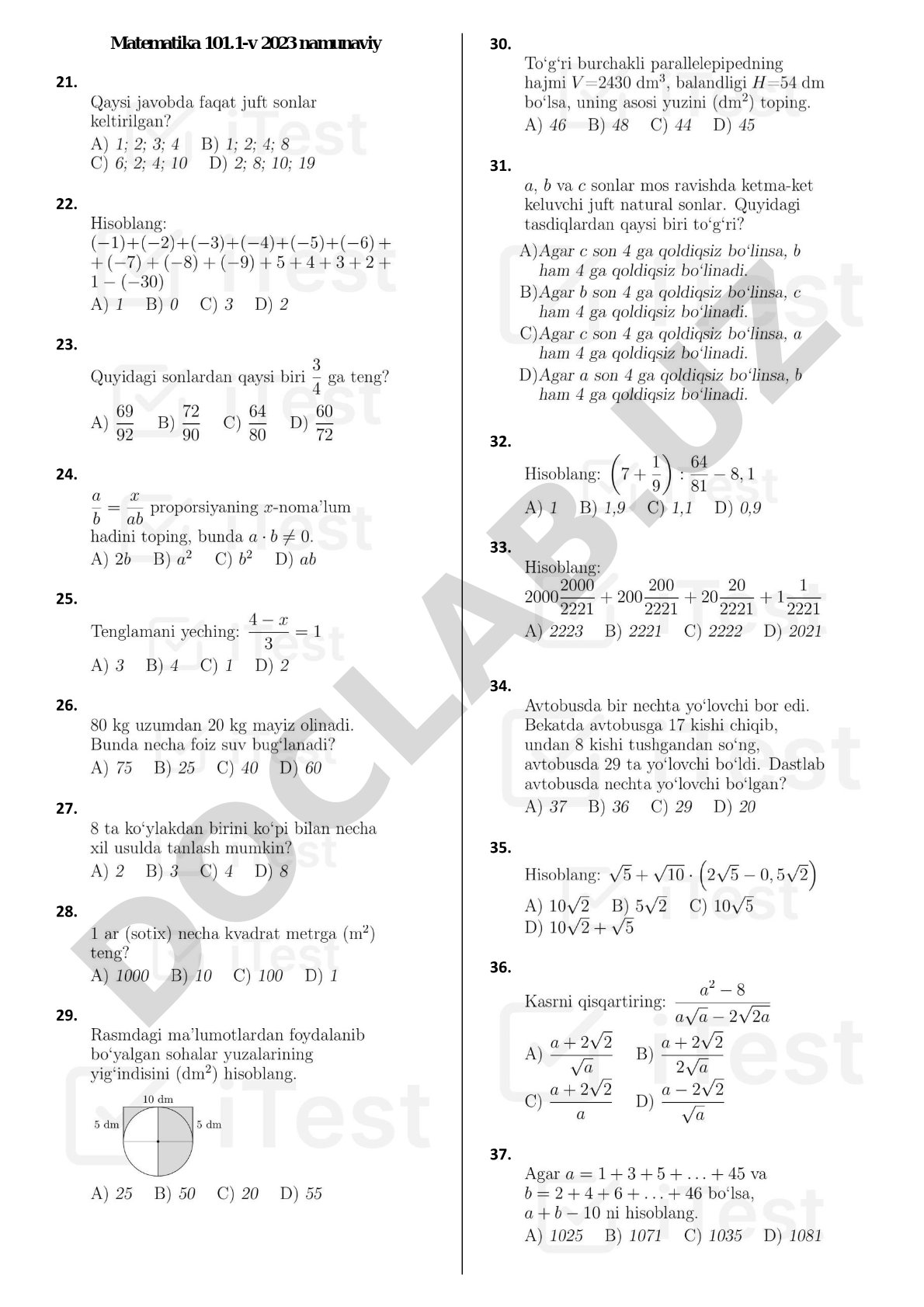 Matematika 101.1-v 2023 namunaviy