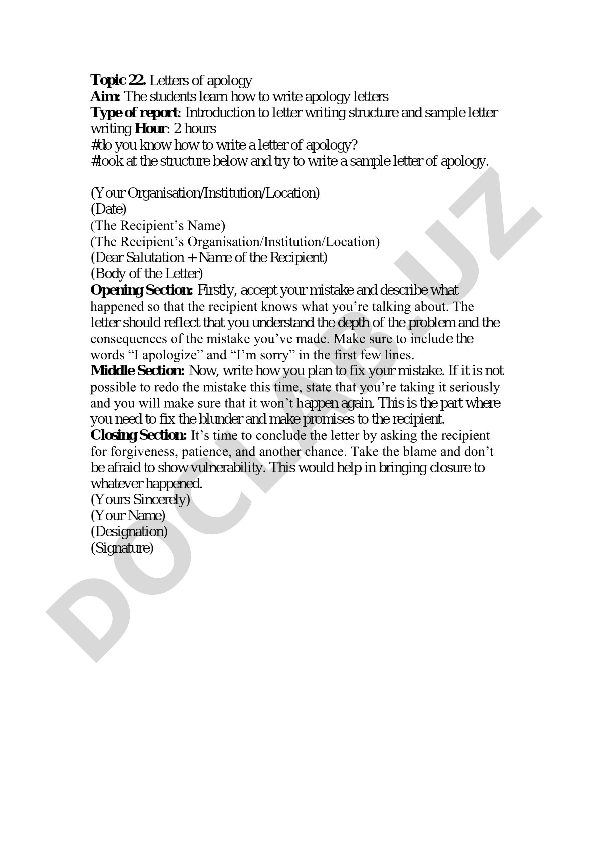 Introduction to apology letter writing: structure, sample, and practice