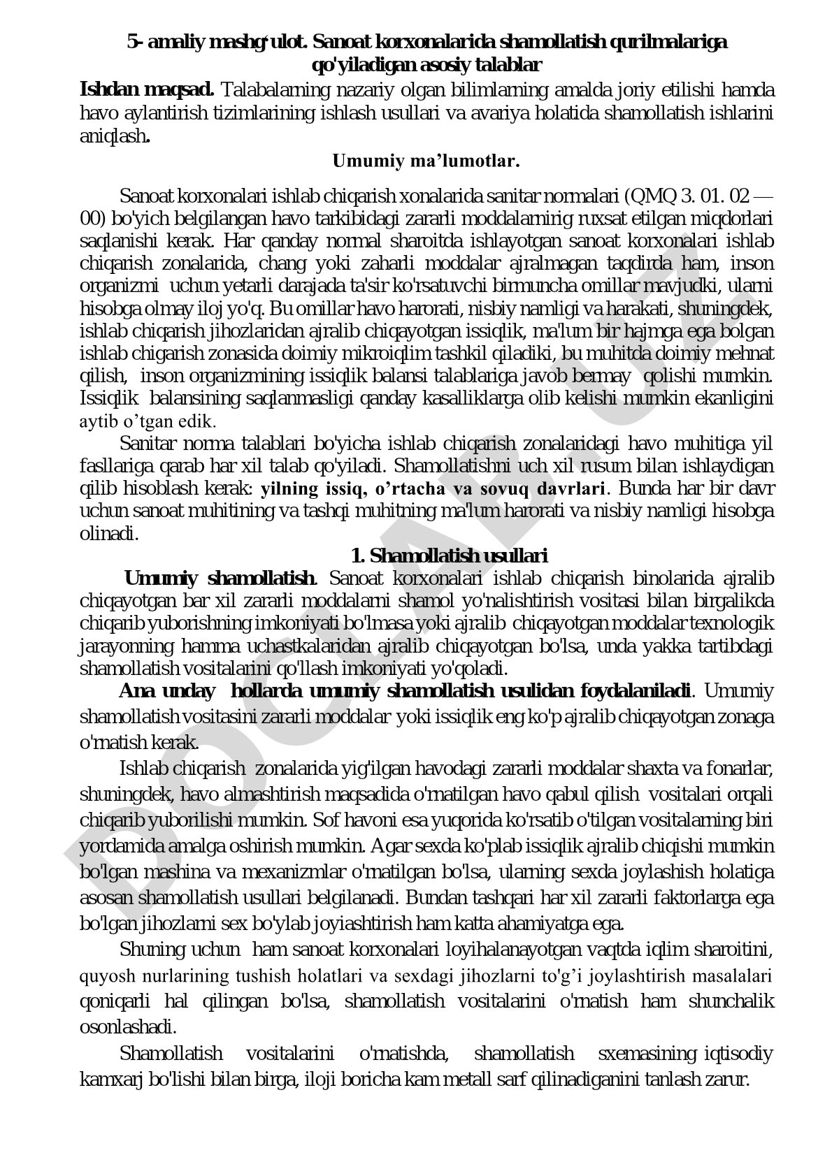 Sanoat korxonalarida shamollatish qurilmalariga qo'yiladigan asosiy talablar