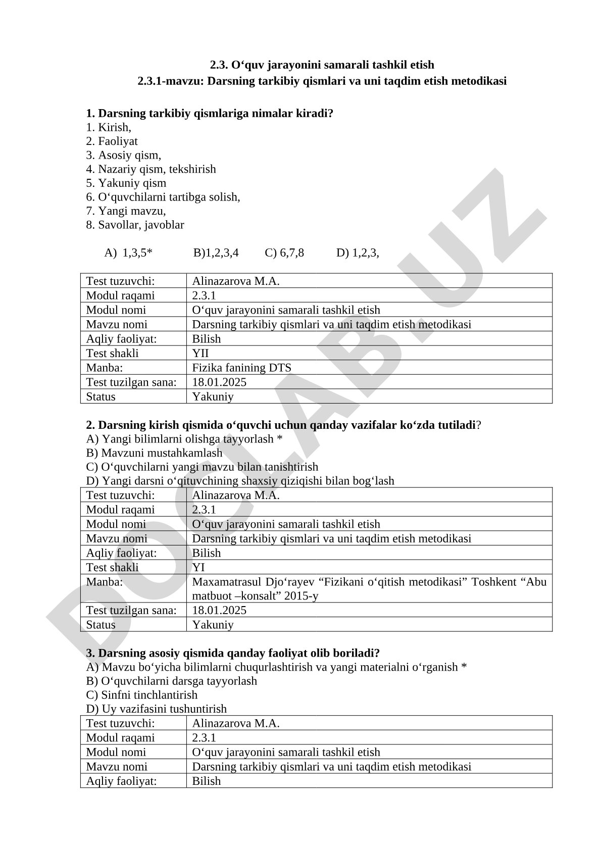 Darsning tarkibiy qismlari va uni taqdim etish metodikasi