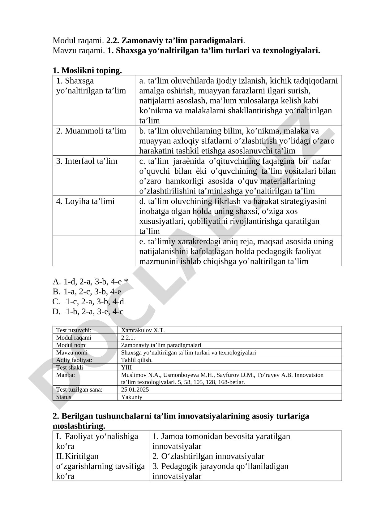 Shaxsga yoʻnaltirilgan ta’lim turlari va texnologiyalari